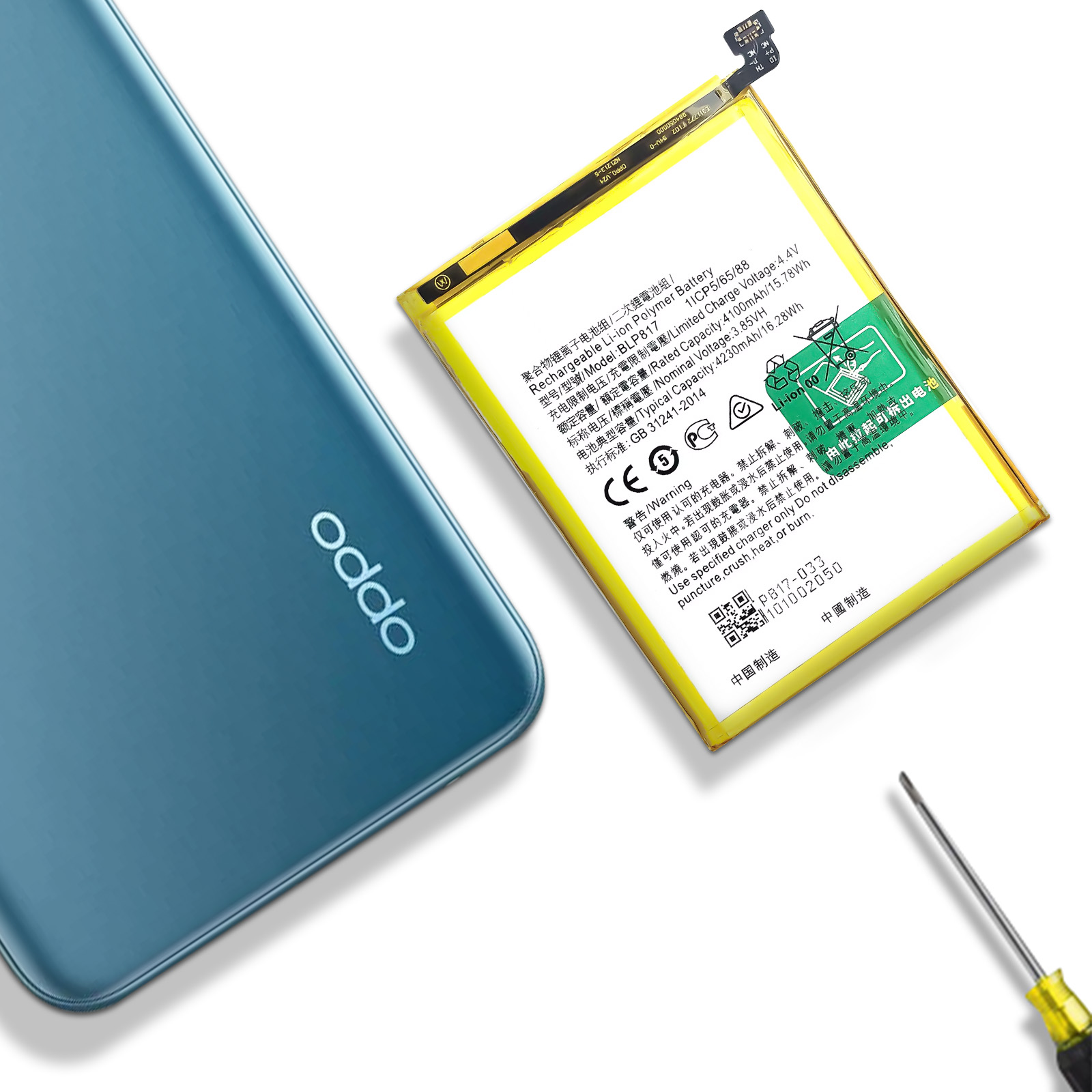 Componentes de teléfono móvil, batería y destornillador.