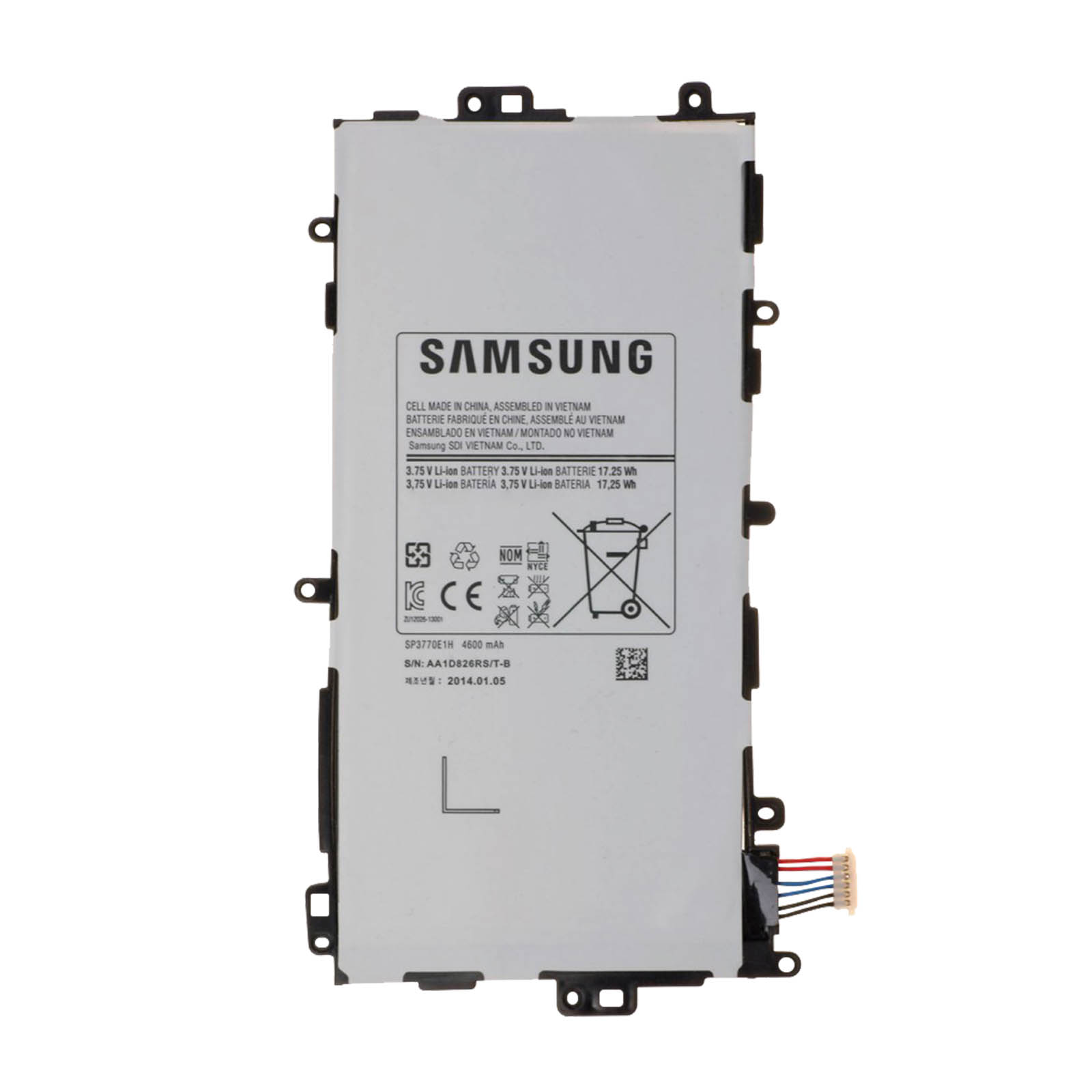 Una batería de tableta Samsung, blanca con detalles negros, texto y un código QR.
