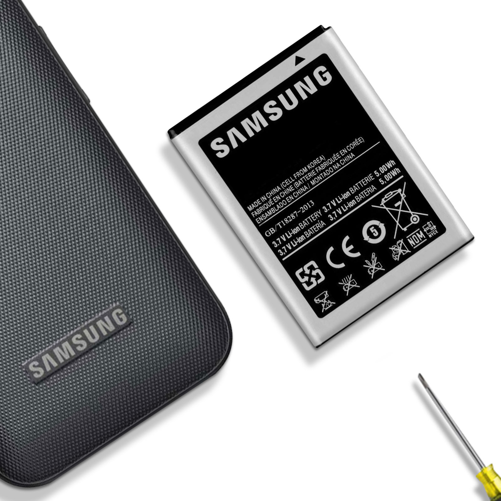 Ein Samsung-Akku neben einer Handyhülle. Der Akku hat Etiketten. Ein Schraubendreher ist sichtbar.