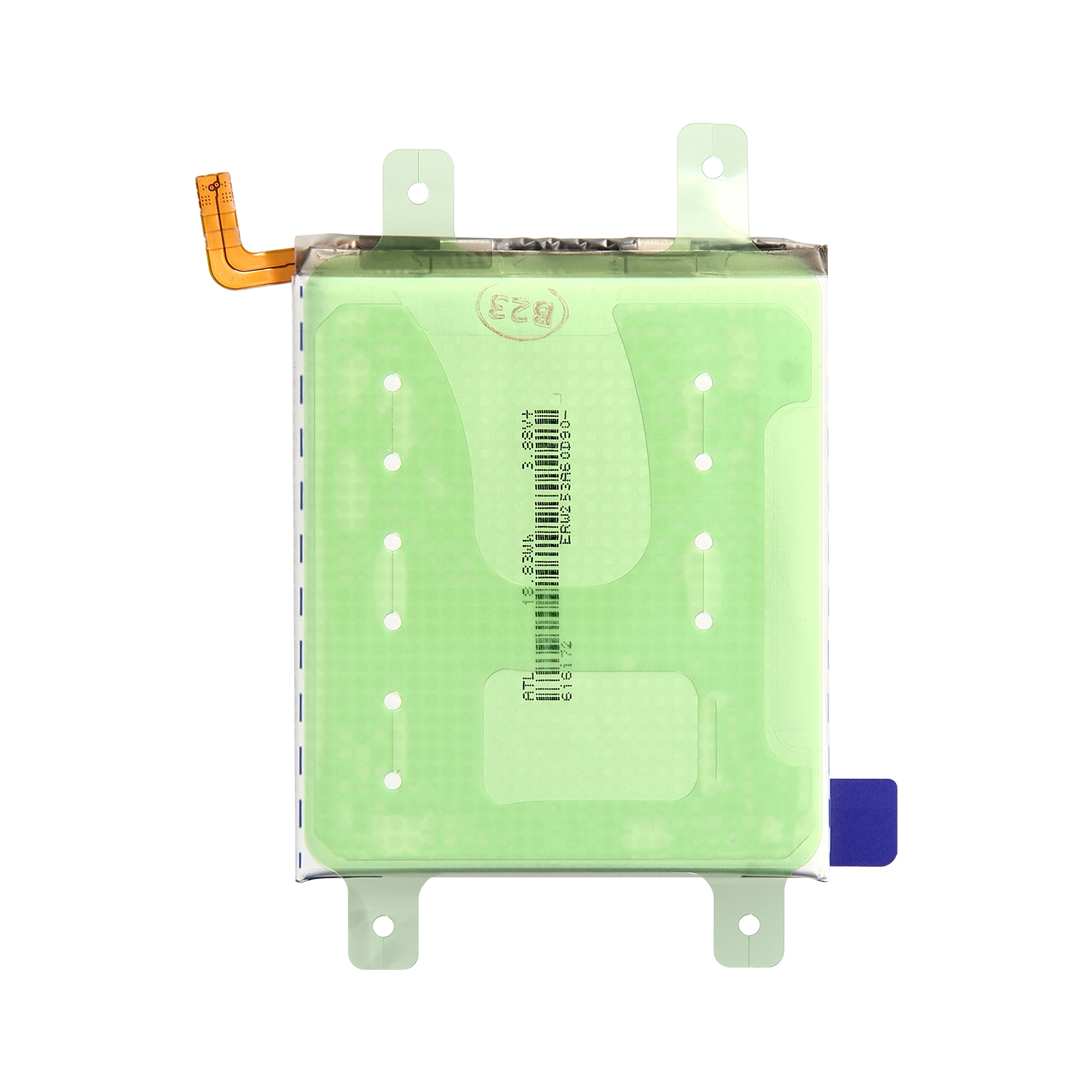 Batteria del telefono verde con etichette e marcature, sfondo bianco.