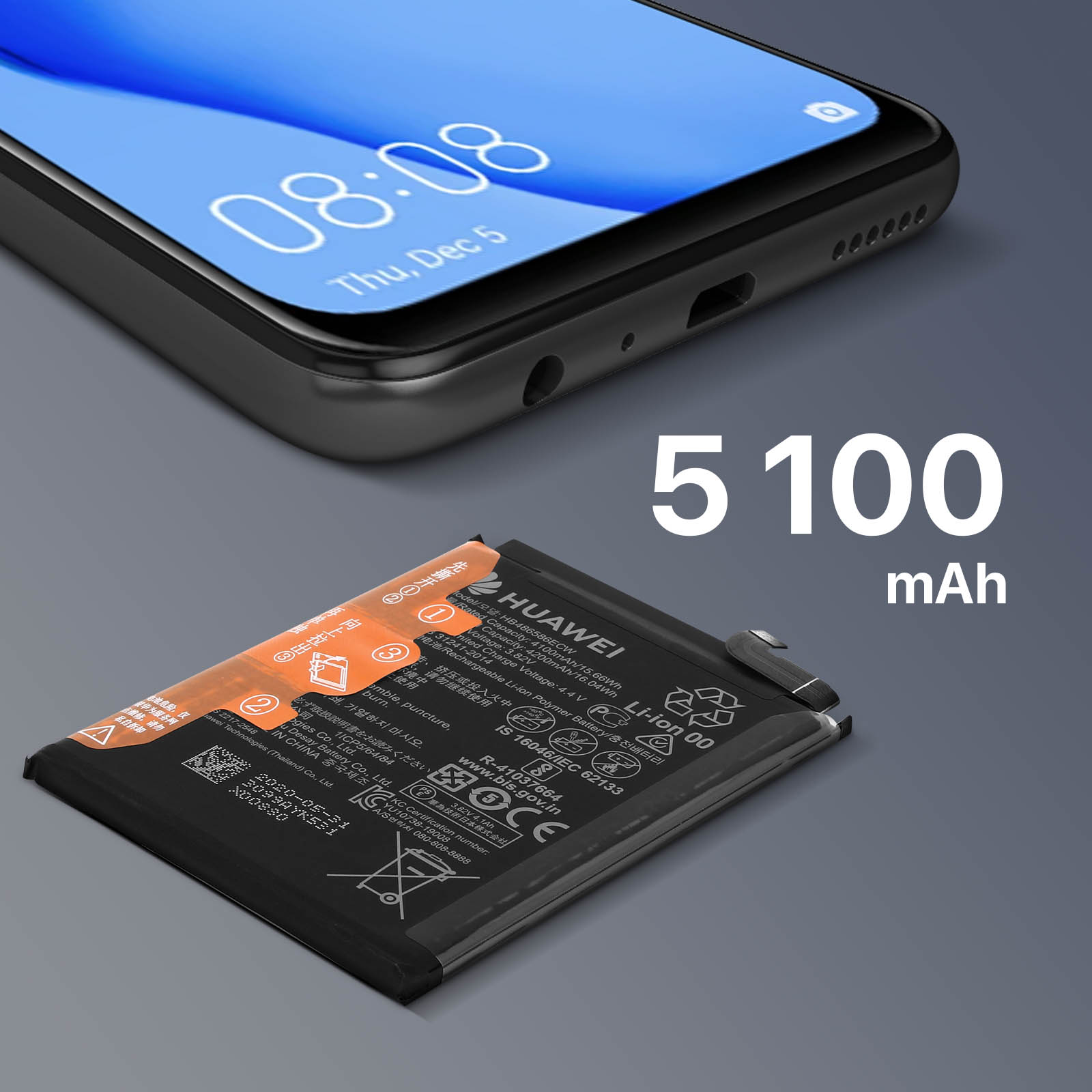 Batteria del telefono con testo, loghi e display che mostra l'ora e un telefono.