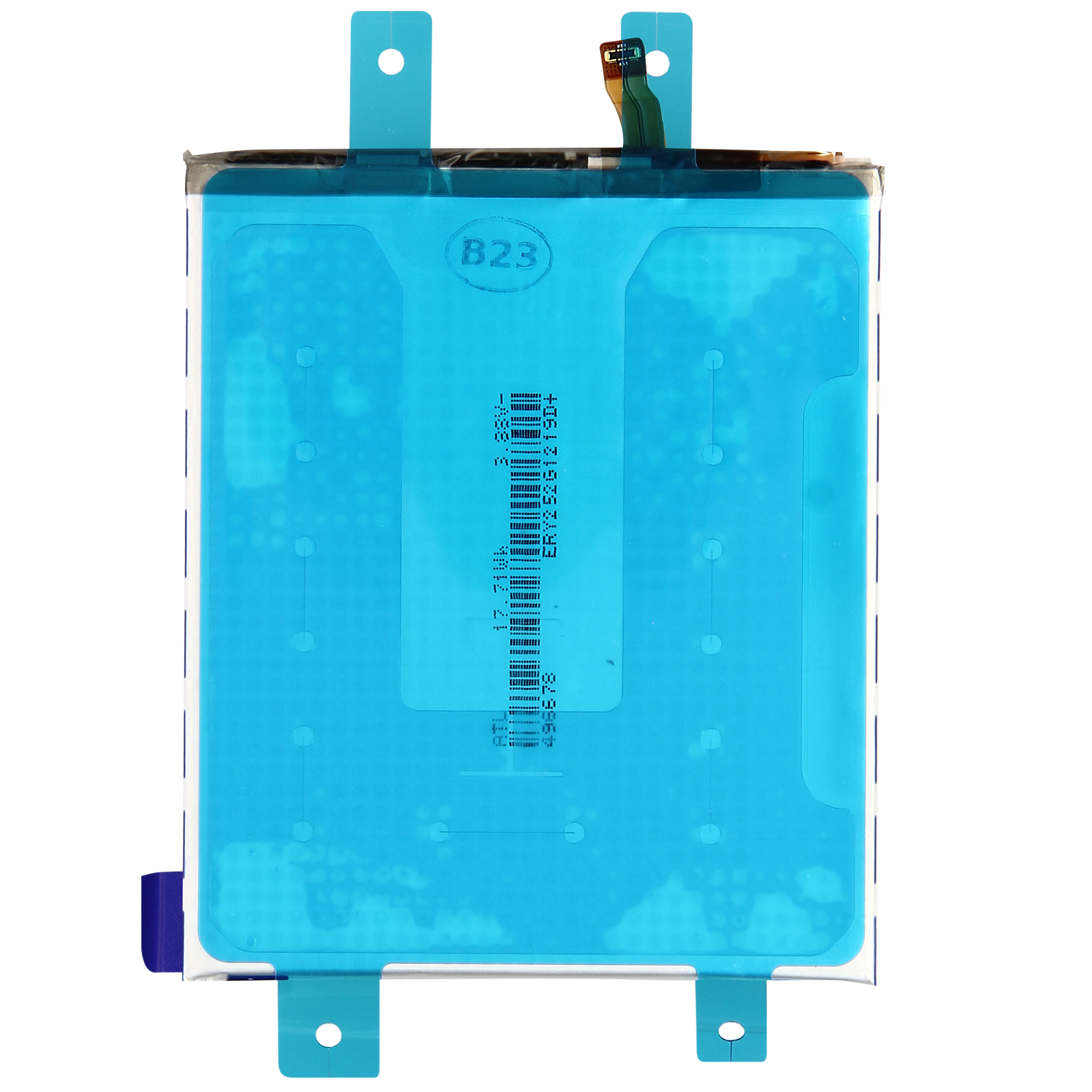 Une batterie recouverte de bleu avec des étiquettes et des marquages.
