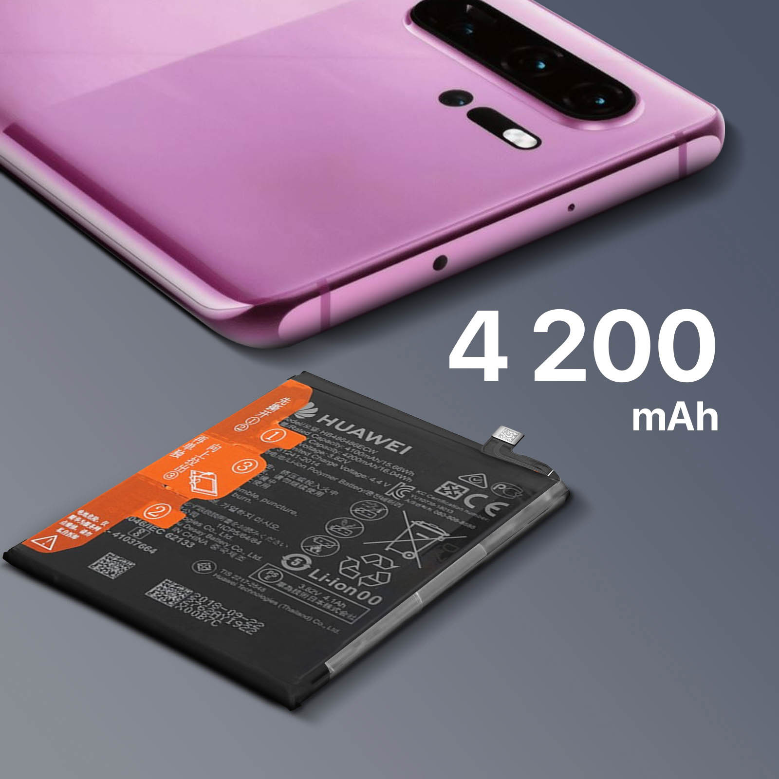 Ein lila Telefon und ein Akku mit 4200 mAh. Der Akku ist schwarz mit orangenen Details.
