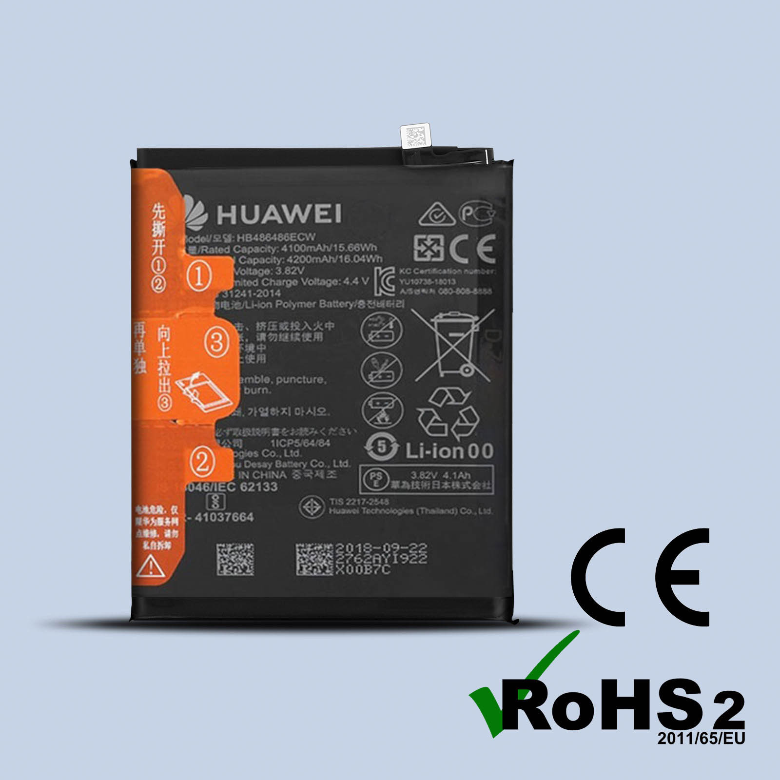 Ein Huawei-Telefon-Akku mit Etiketten, Warnhinweisen und einem CE- und RoHS2-konformen Logo.