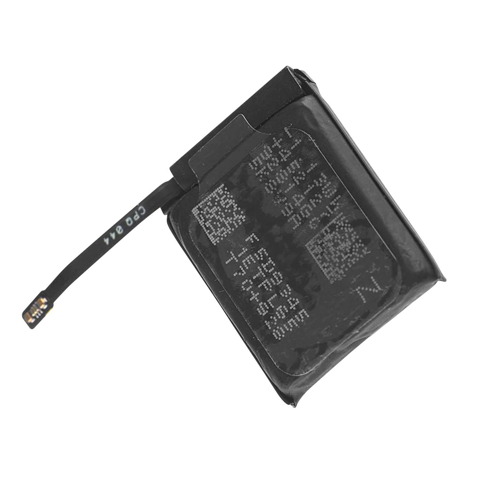 Ein Telefonakku mit schwarzem Etikett und einem kleinen Draht. Die Batterie ist dunkel.