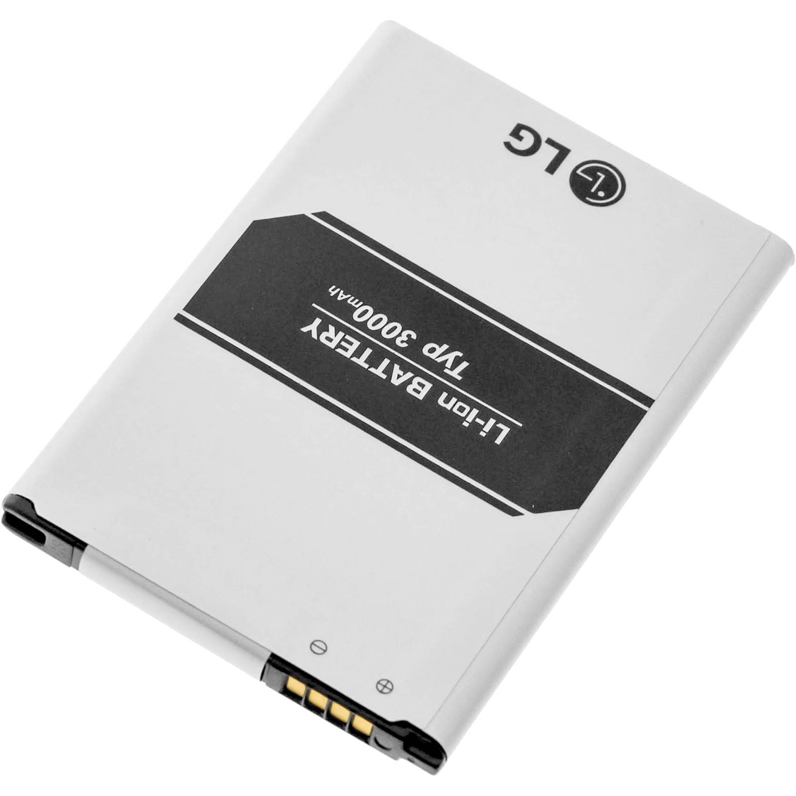Batteria agli ioni di litio con testo. Bianco e argento. Sfondo grigio.
