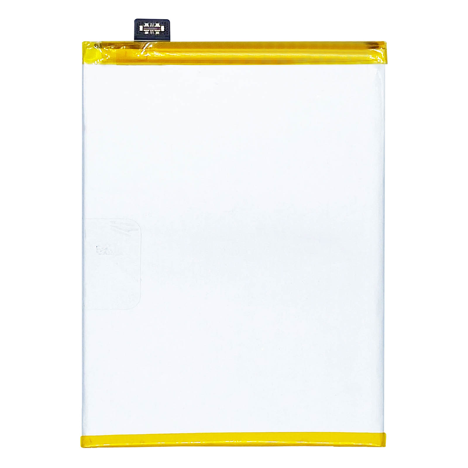 Una batería de teléfono rectangular blanca y amarilla. Tiene un conector negro en la parte superior.