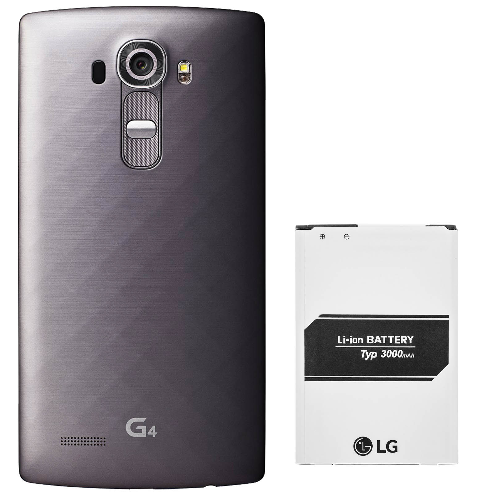 Telefono LG G4 con batteria. Il telefono è grigio, la batteria è bianca con testo nero.