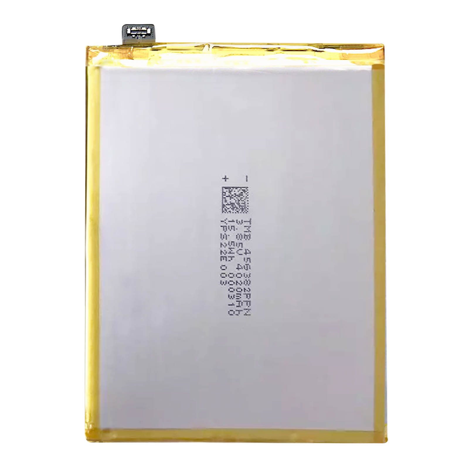 Batería de teléfono con etiquetas y un fondo blanco. La batería es de un color claro.