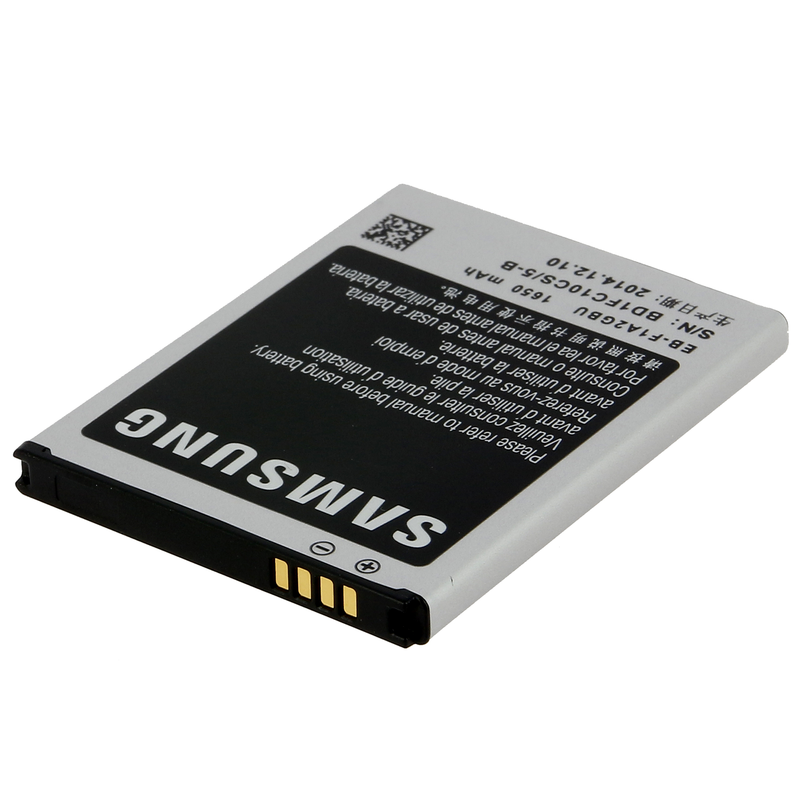 Batterie de téléphone Samsung argentée et noire sur fond blanc, avec texte et marquages.