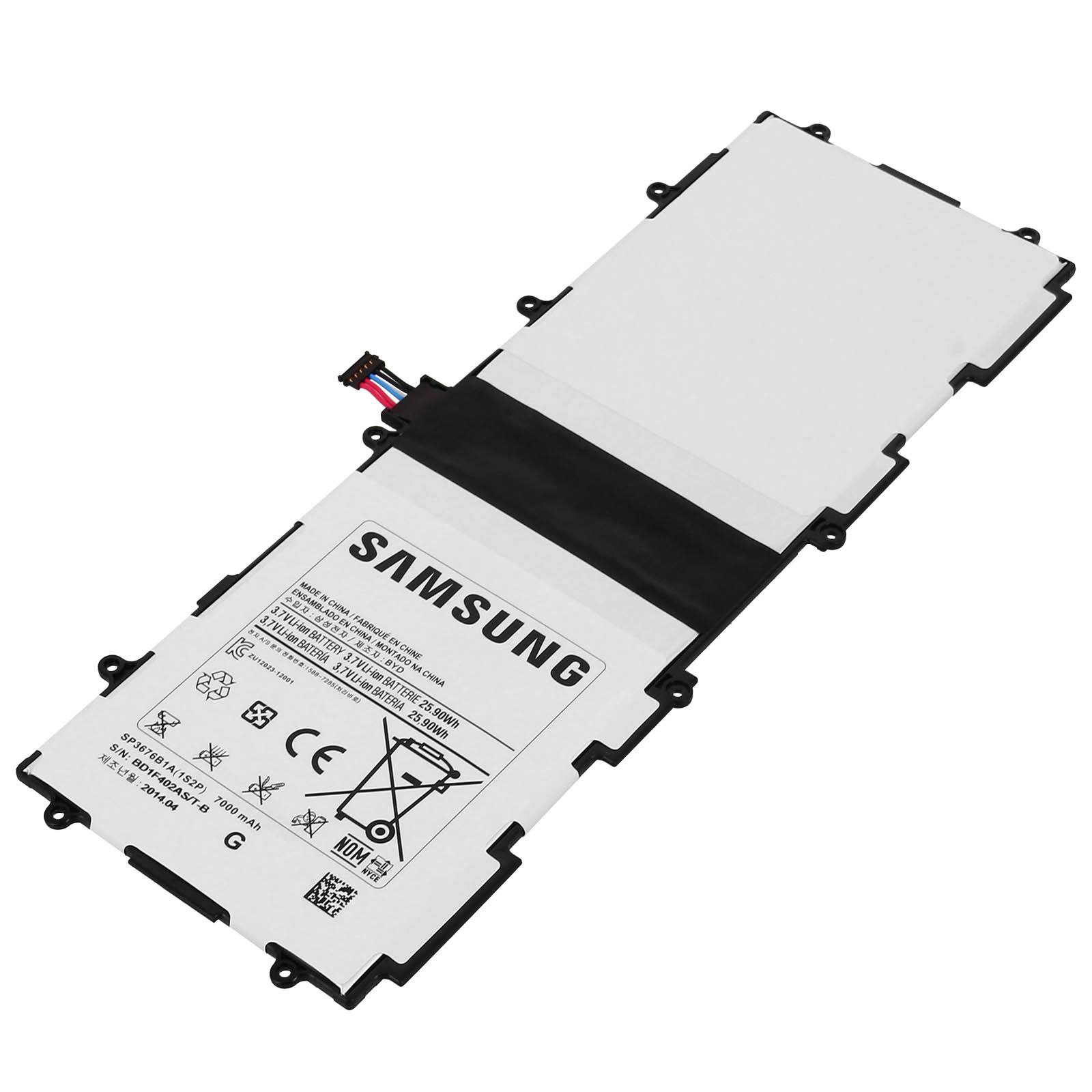Batterie de tablette Samsung, blanche et noire, avec étiquettes et connecteurs.