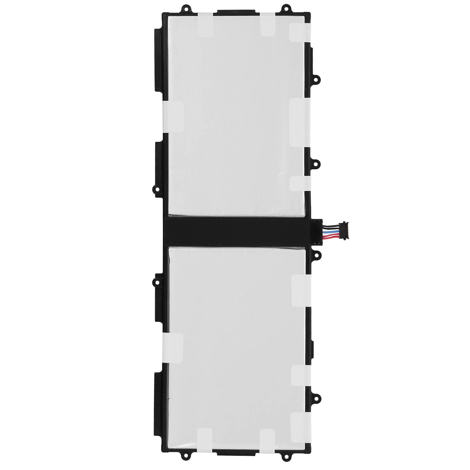 Deux batteries rectangulaires côte à côte avec cadres noirs et connecteur.
