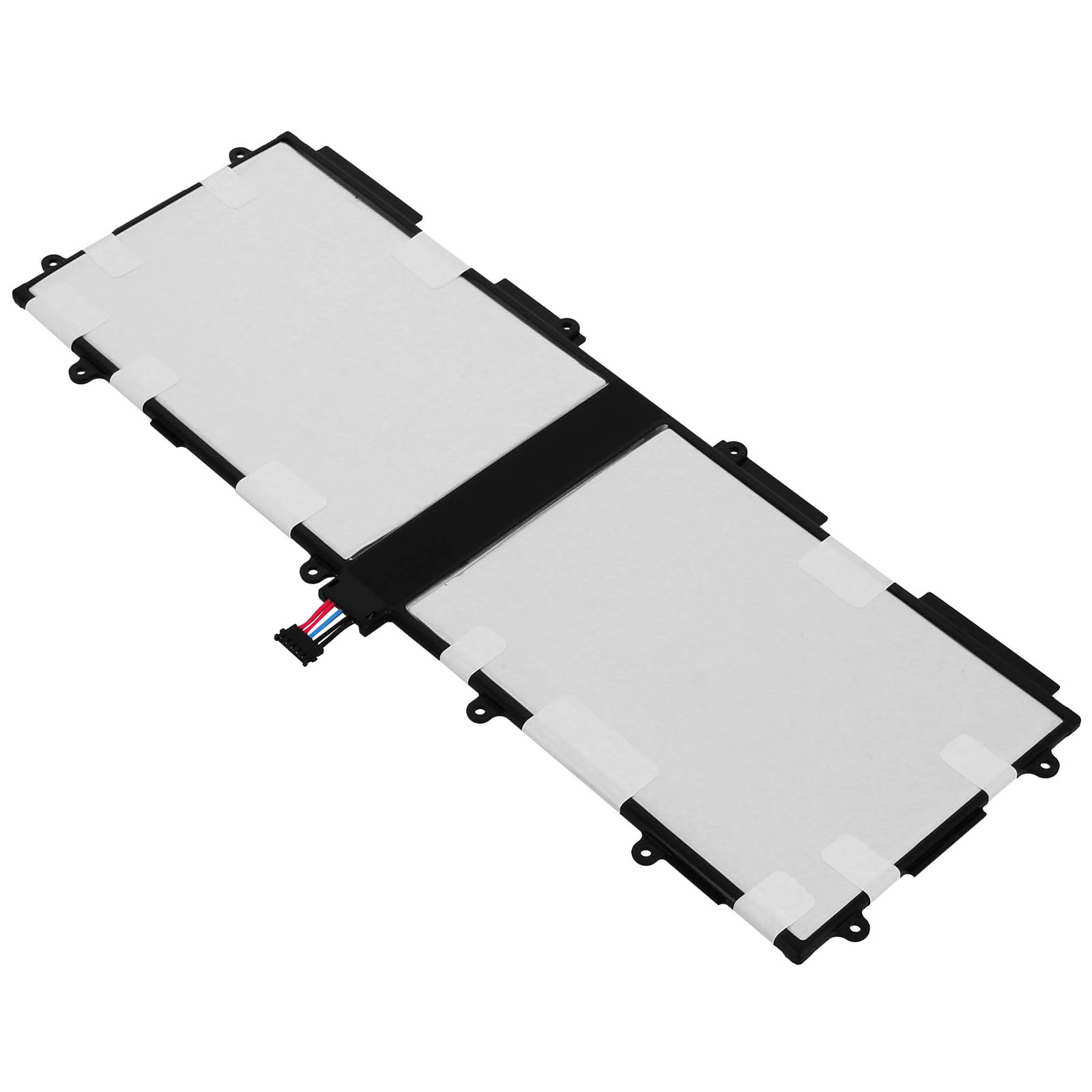 Une batterie rectangulaire avec un centre noir et des bords blancs. Elle possède des connecteurs et des étiquettes.