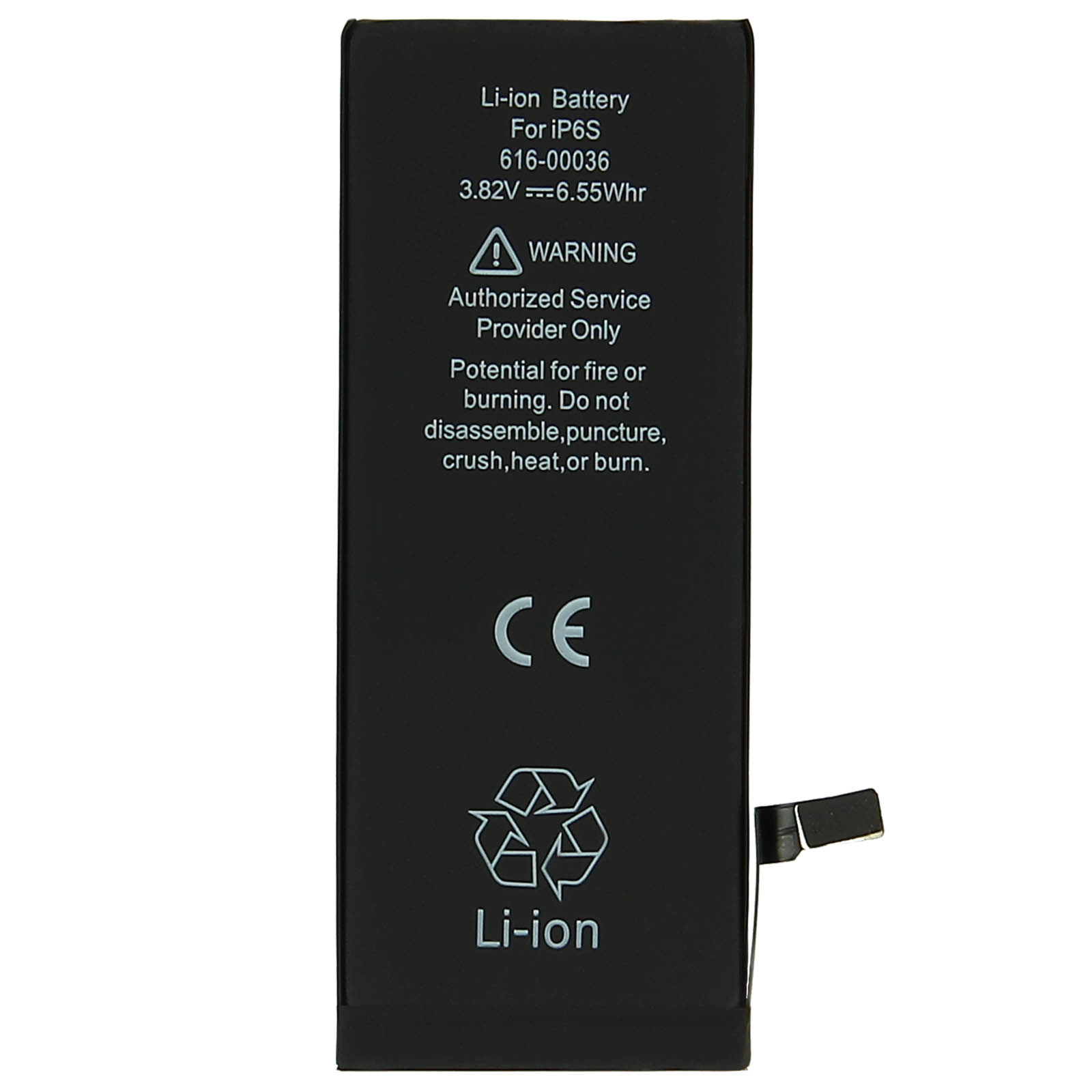 Batteria Li-ion nera per un iPhone. Etichetta di avvertenza e marchio CE visibili.
