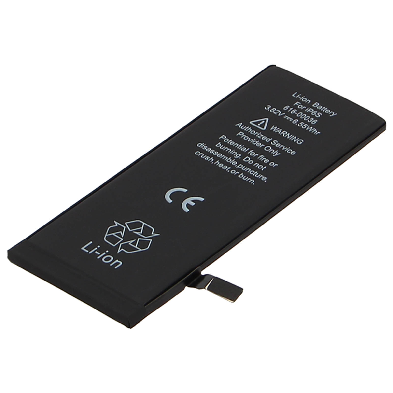 Batteria Li-ion nera con etichette di avvertimento. La batteria è rettangolare. È su uno sfondo bianco.