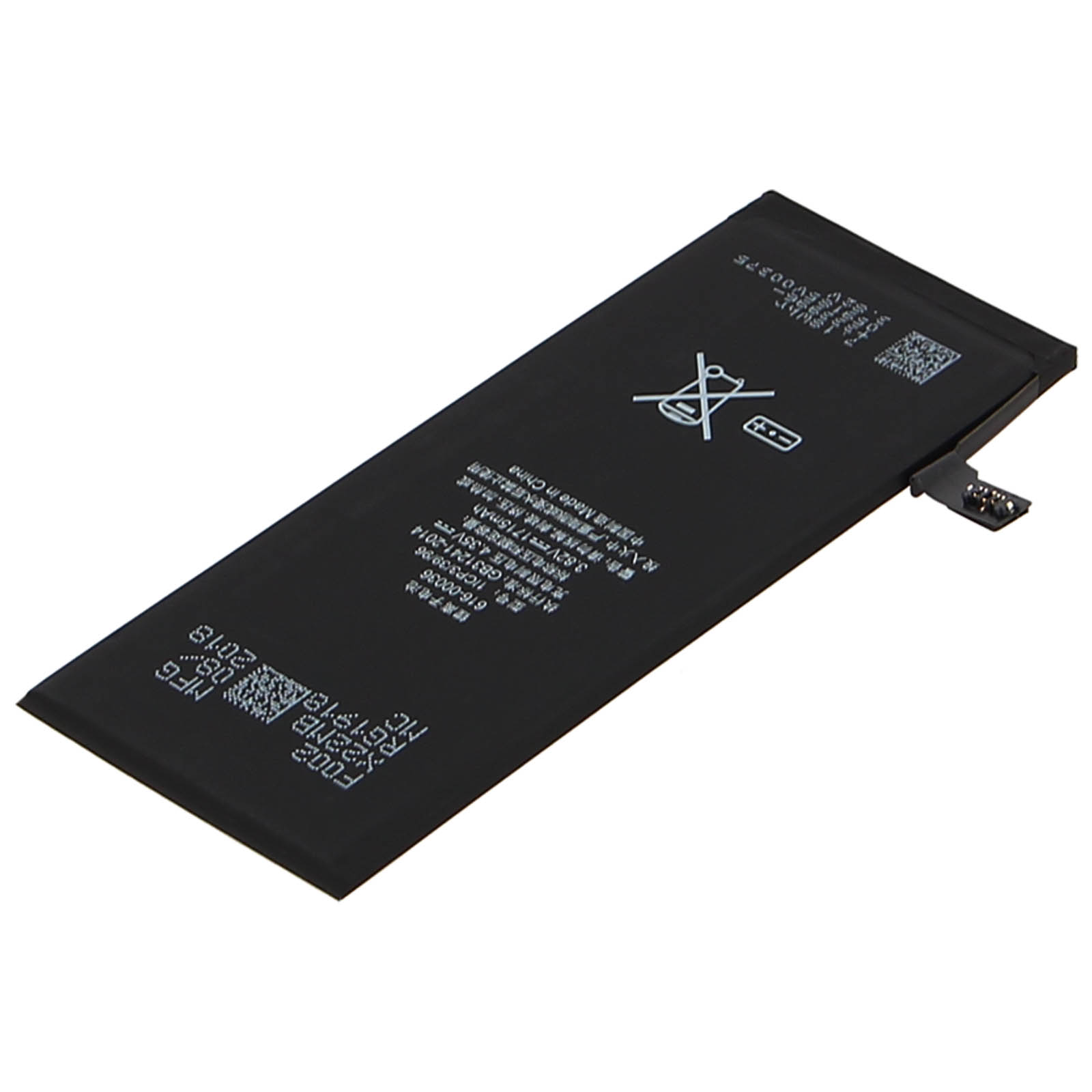 Batteria del telefono. Batteria nera su una superficie bianca, con testo e codici.