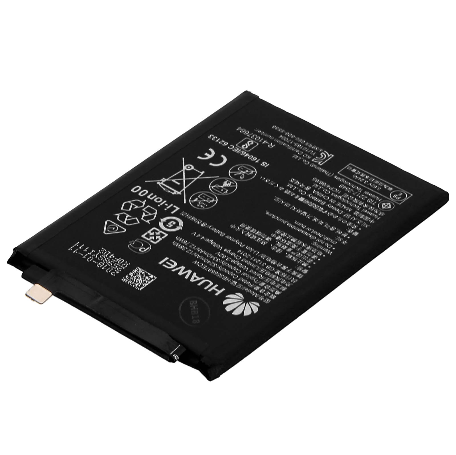 Batteria del telefono nera con testo e simboli. Ha un logo Huawei e un marchio CE.