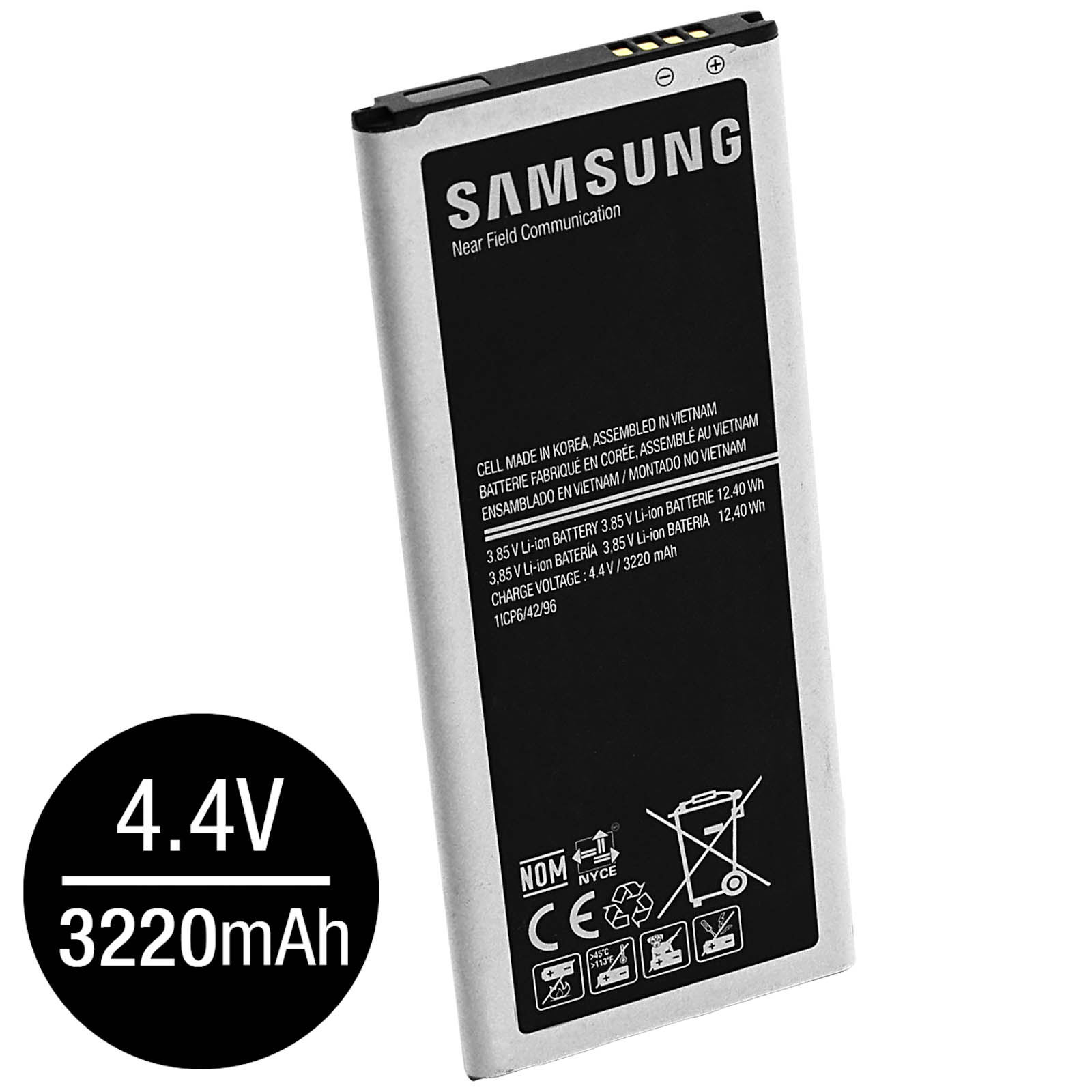 Une batterie Samsung avec du texte, fond noir. La batterie a une étiquette de 4,4 V et 3220 mAh.