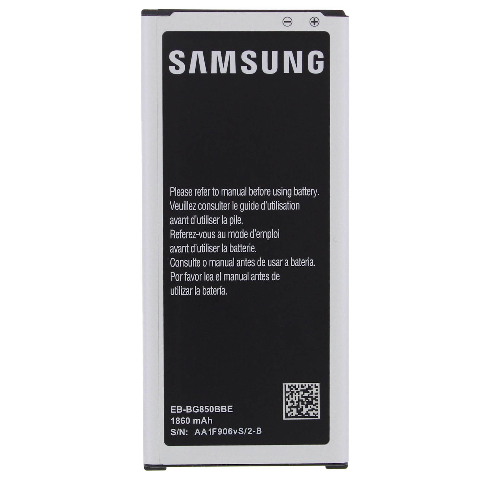 Schwarze Samsung-Telefonbatterie mit mehrsprachigem Text. Die Batterie ist rechteckig. Weißer Hintergrund.