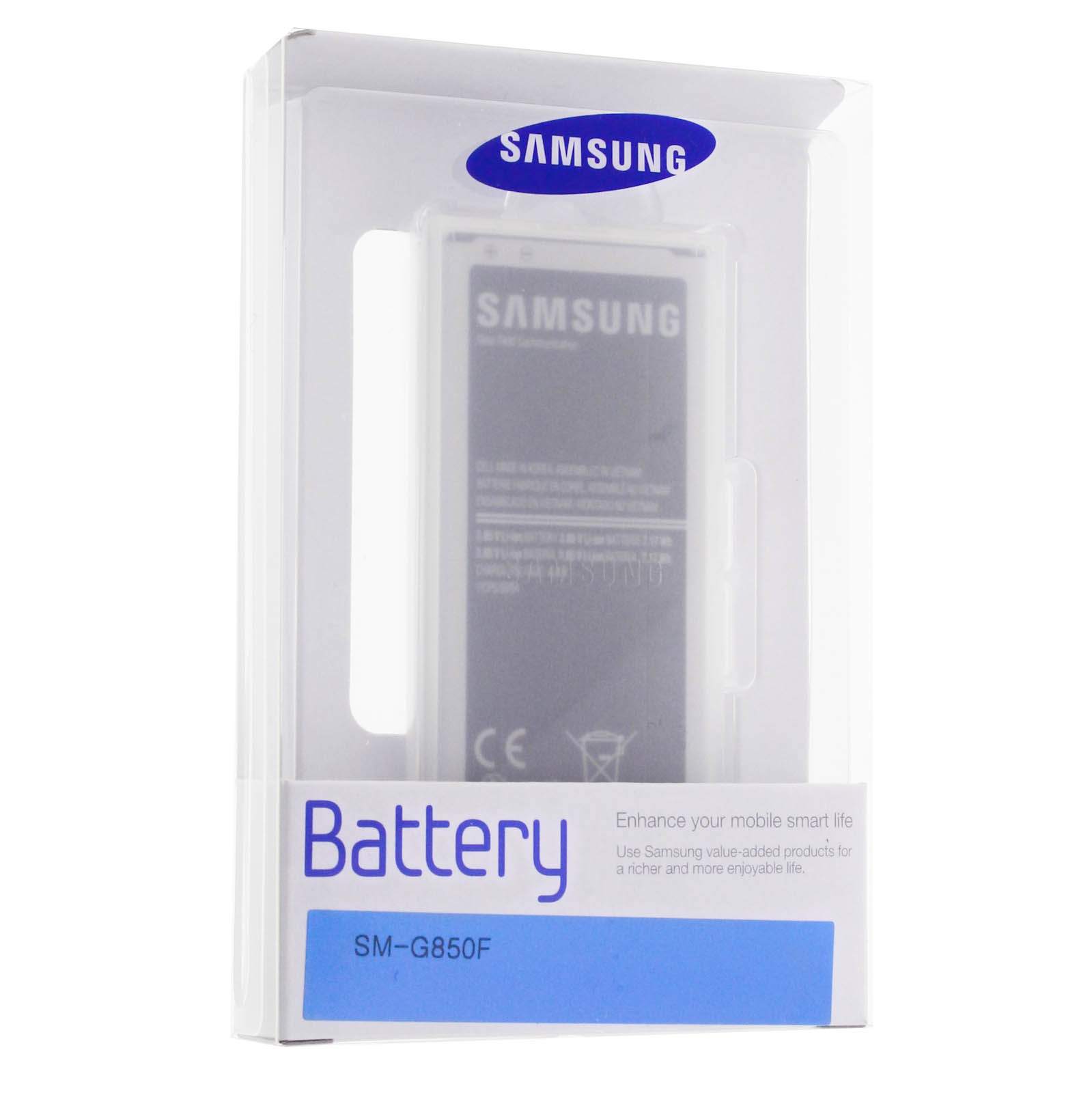 Telefonakku in Verpackung. Der Akku befindet sich in einer durchsichtigen Hülle mit dem Samsung-Logo.
