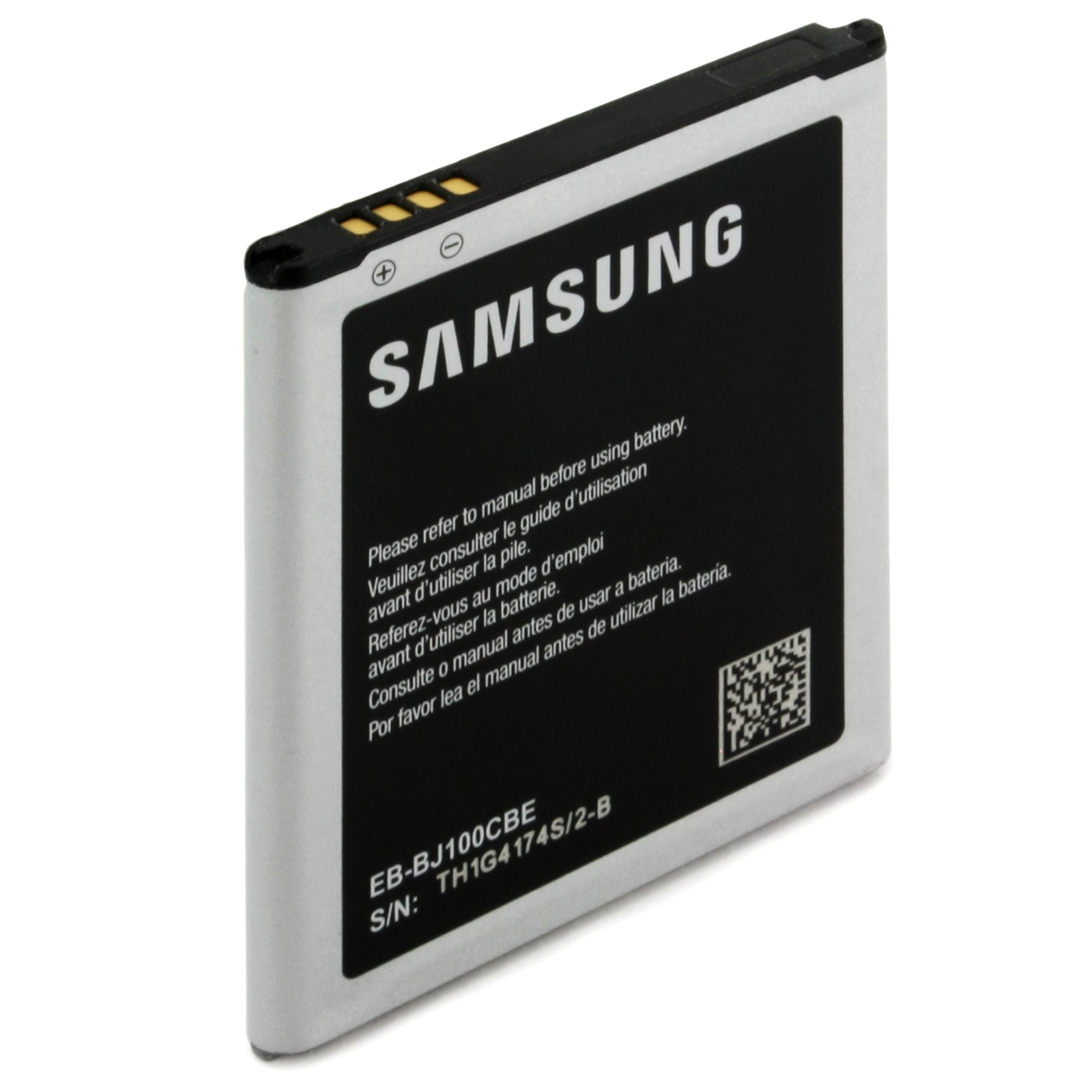 Une batterie Samsung avec du texte et un code QR.