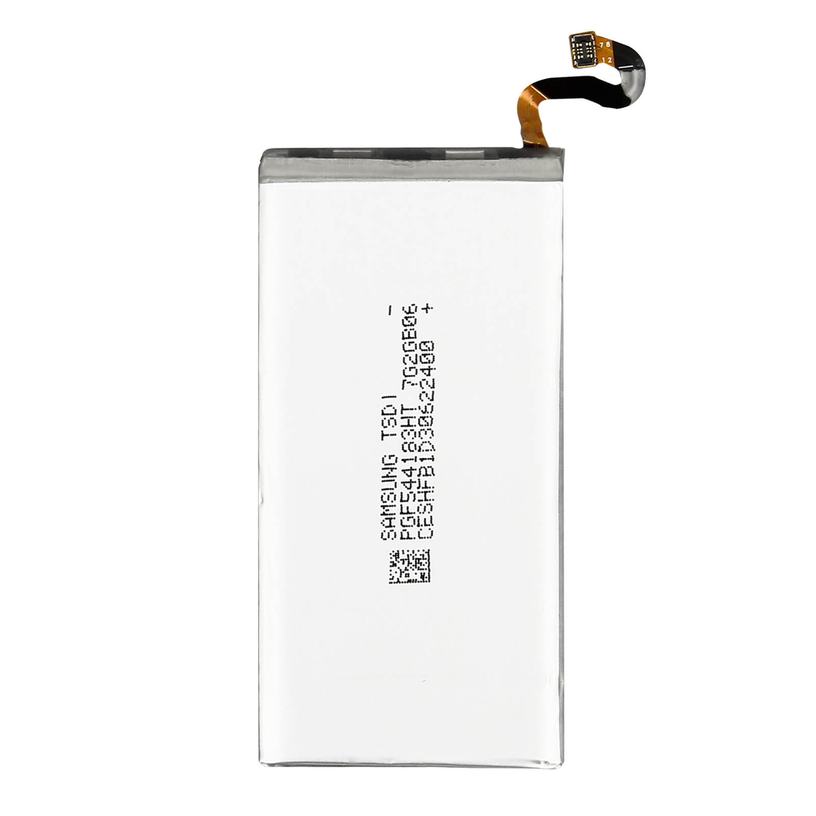 Batteria bianca con etichetta nera; testo e codice QR. Un cavo si estende dall'alto.