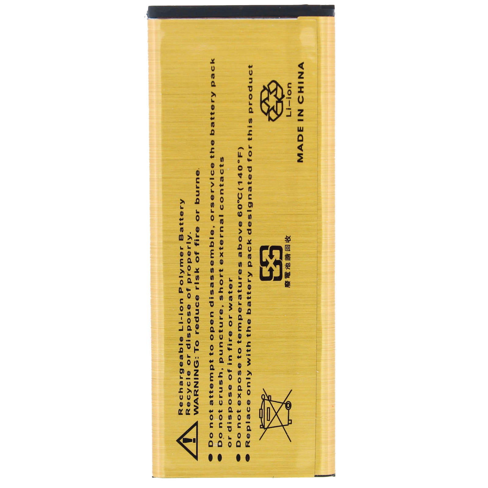 Una batteria color oro. Le etichette includono avvertenze e informazioni di sicurezza.