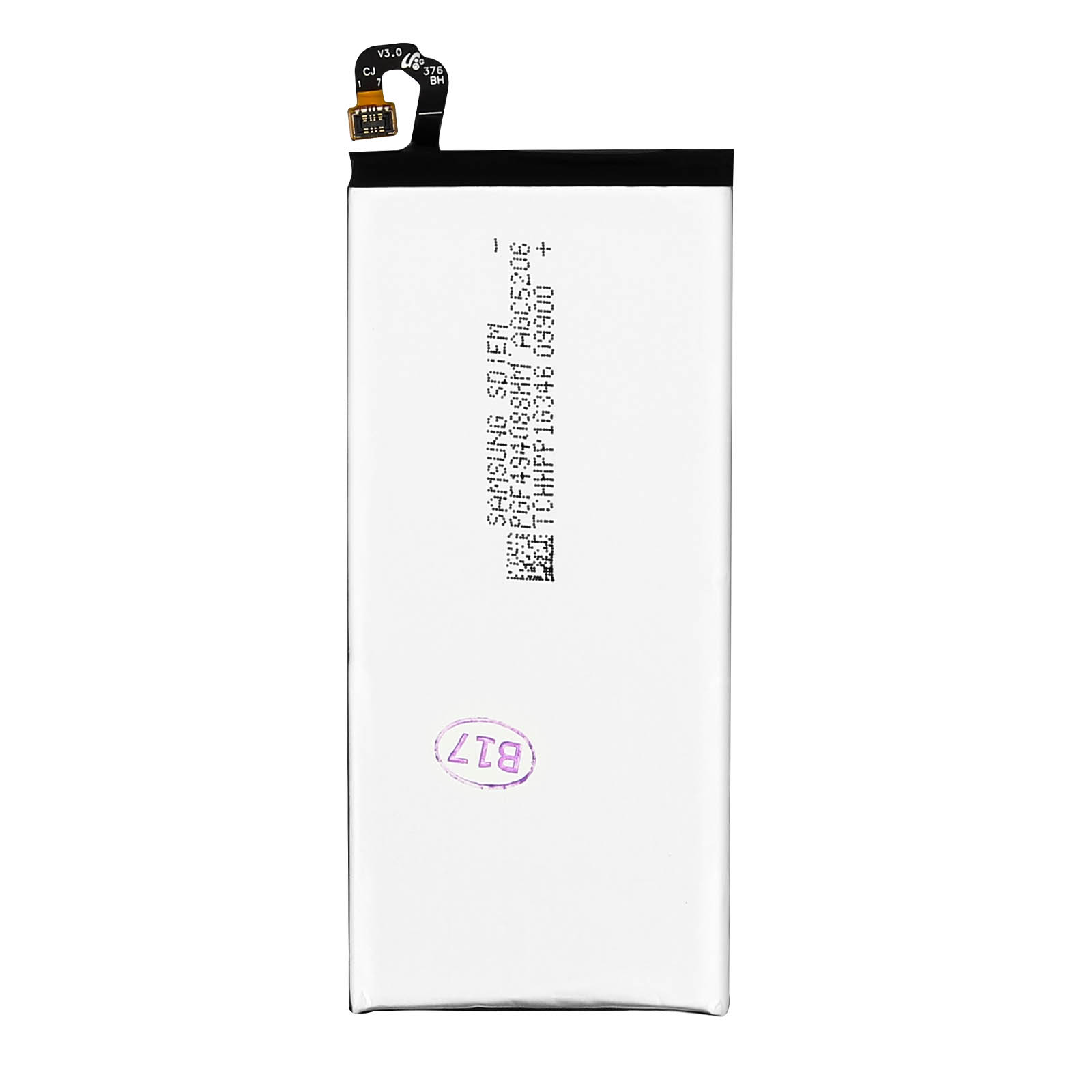 Ein Telefonakku mit Text und Symbolen. Der Akku befindet sich auf einer weißen Oberfläche.
