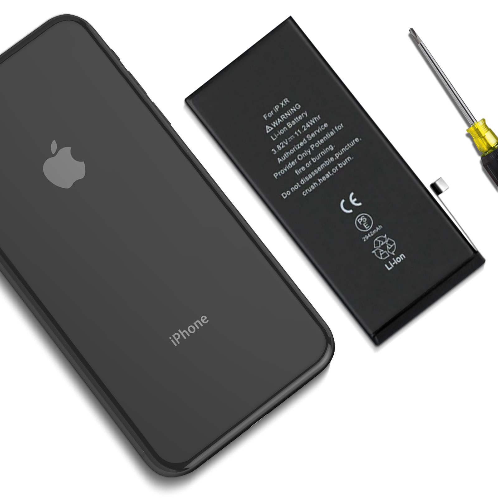 Un telefono e una batteria con il logo Apple. Inoltre, un cacciavite è posto vicino.