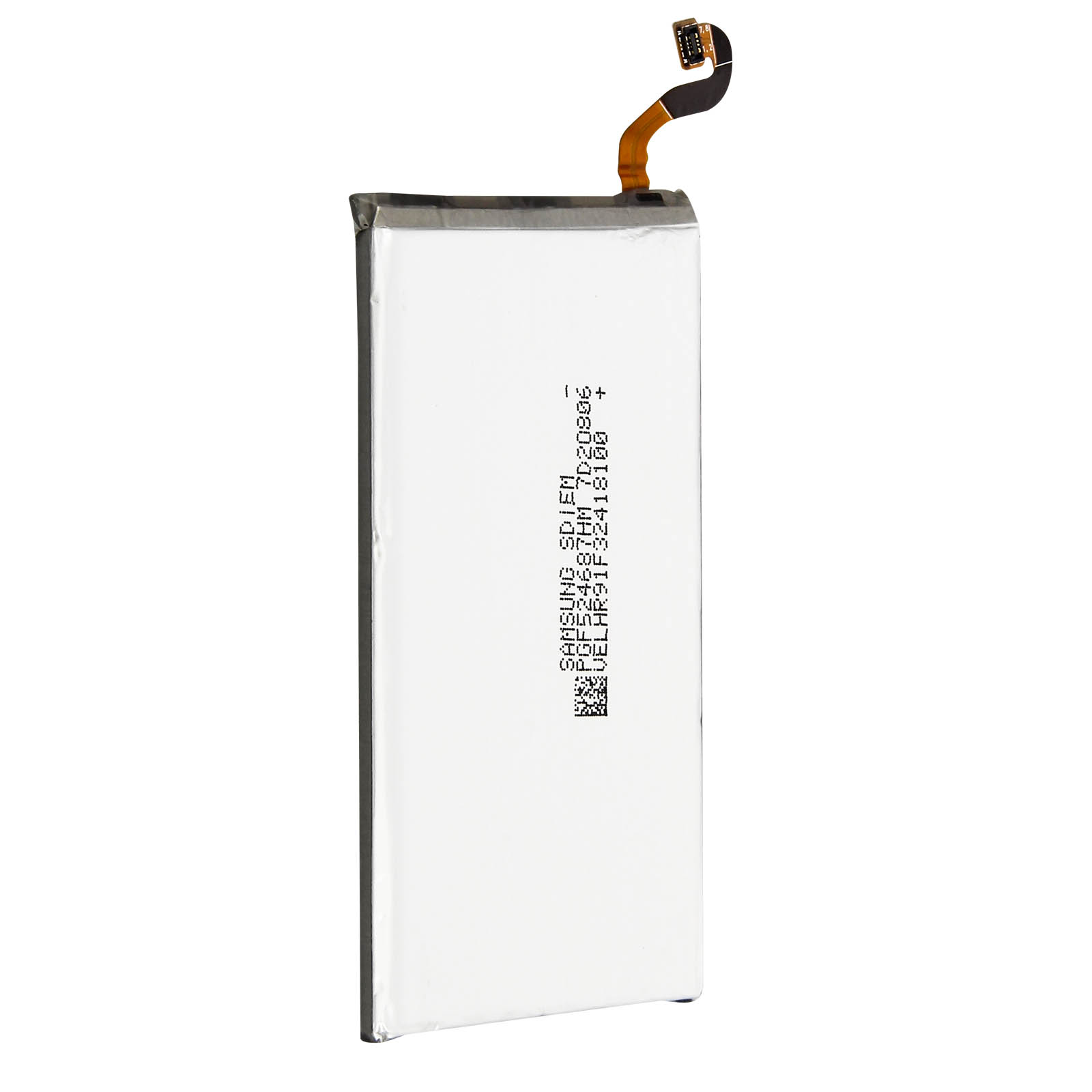 Hohe weiße Telefonbatterie mit schwarzem Text und Anschlusskabel.