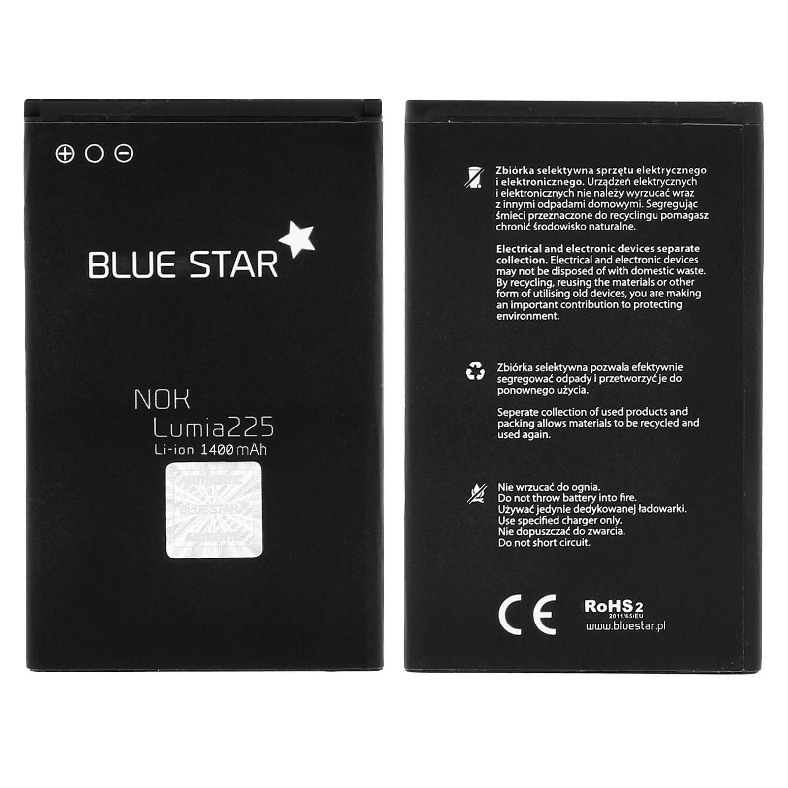 Zwei Telefon-Batterierückseiten mit Text und Symbolen darauf.