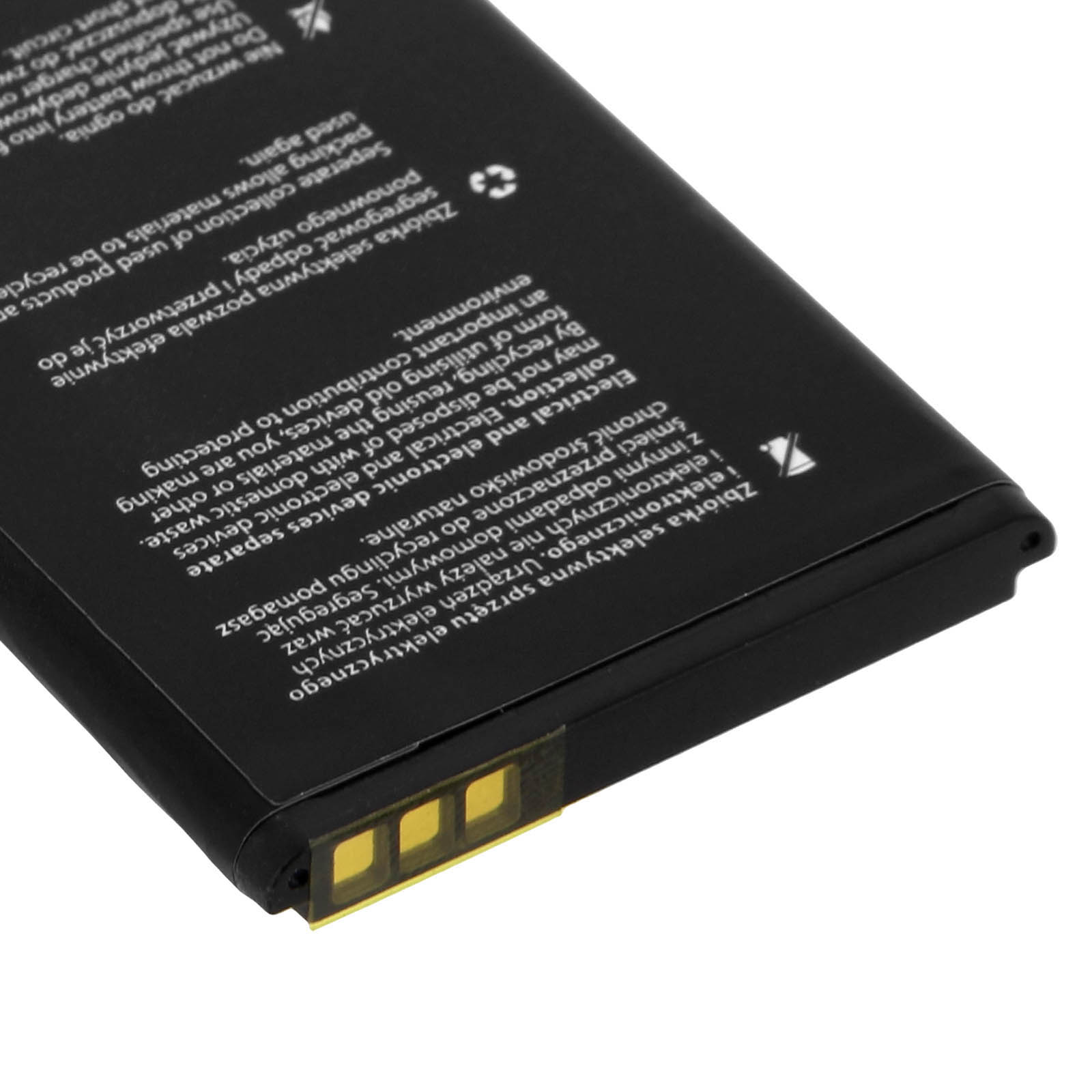 Batterie mit Text und Symbolen, mit einem Abschnitt, der das Recycling-Symbol zeigt.