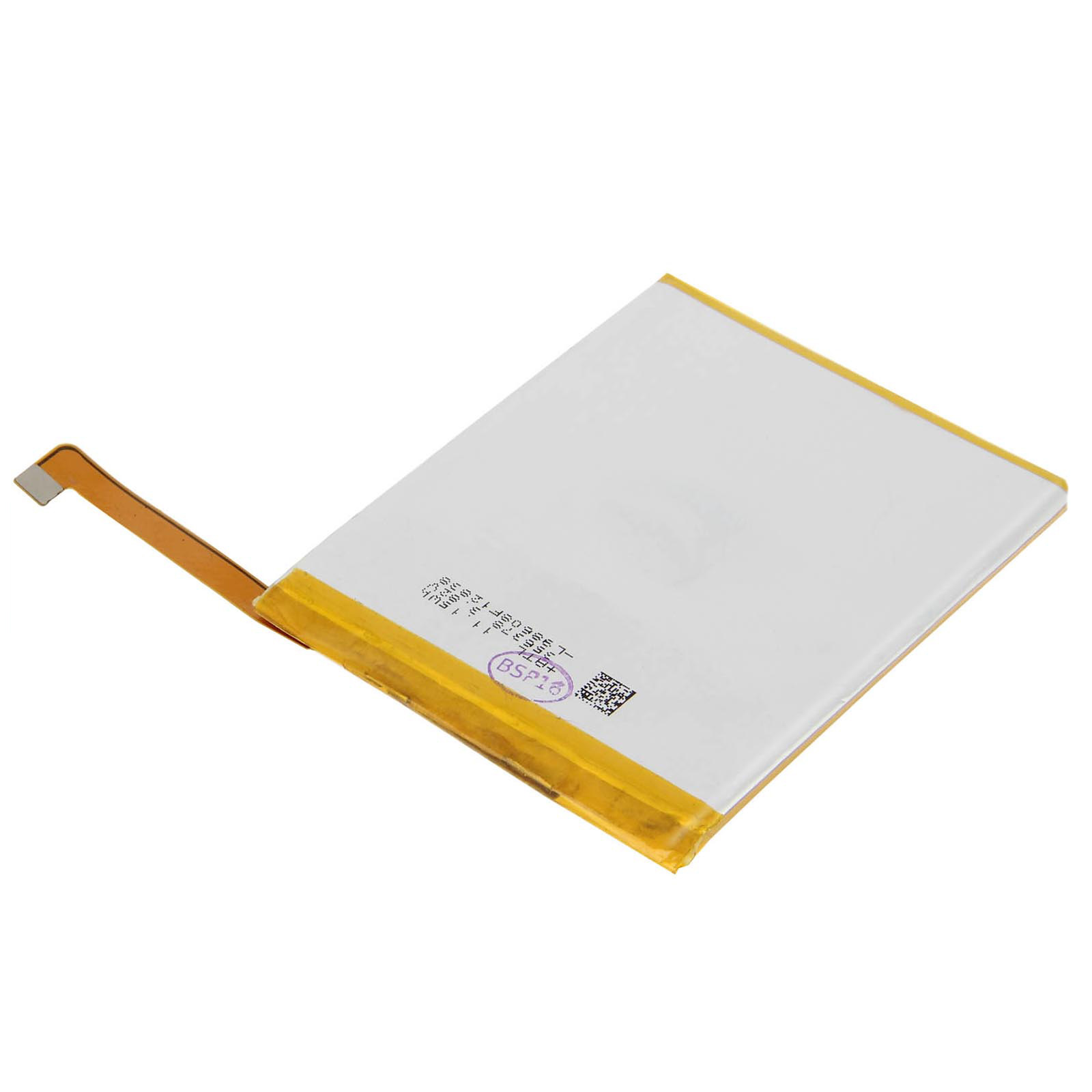 Batteria del telefono con connettore, bianca con testo e un codice QR.