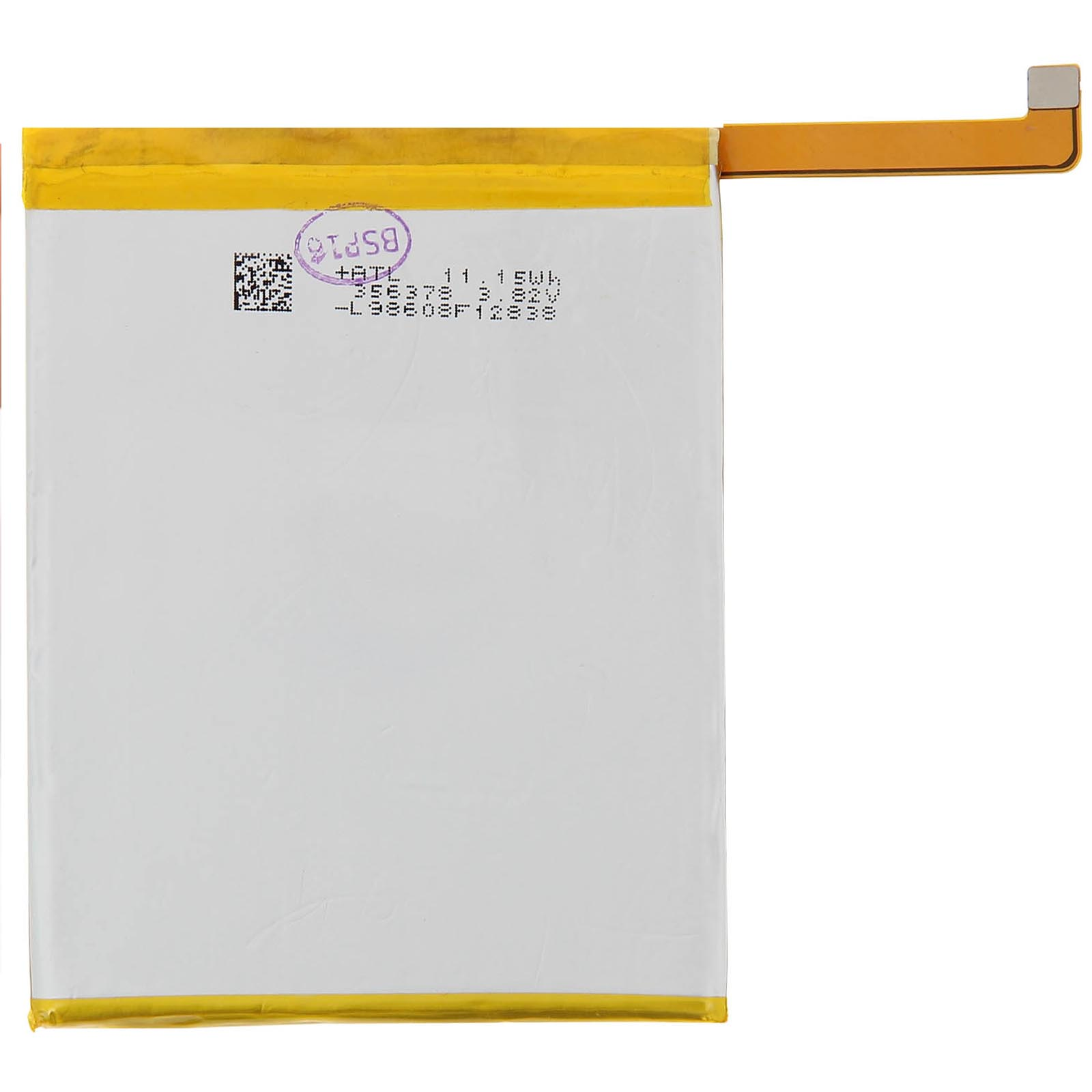 Una batteria rettangolare con bordo giallo e cavo di collegamento. Testo e simboli sono visibili su di essa.