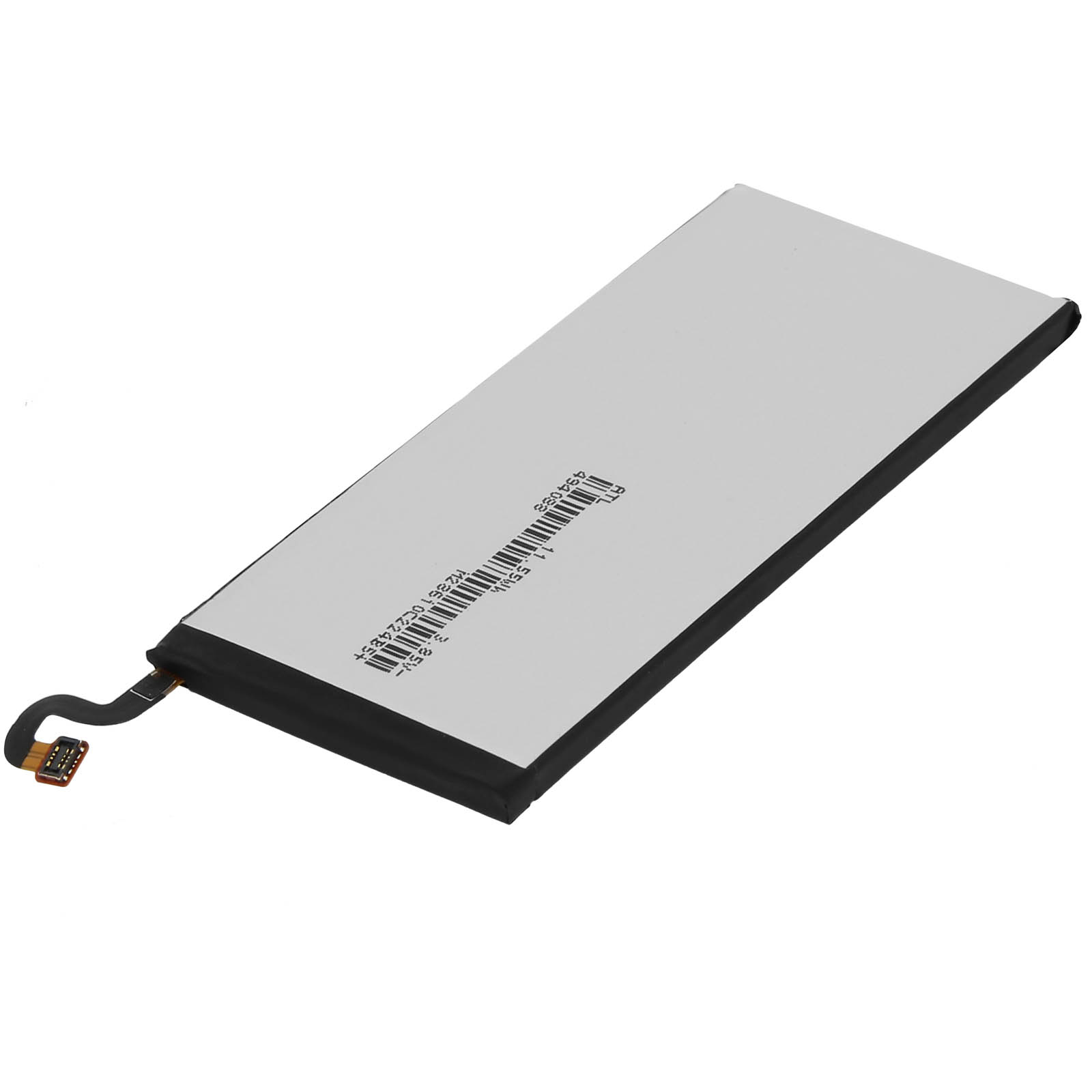 Batterie de téléphone noire sur fond blanc. Elle possède un connecteur et une étiquette blanche.