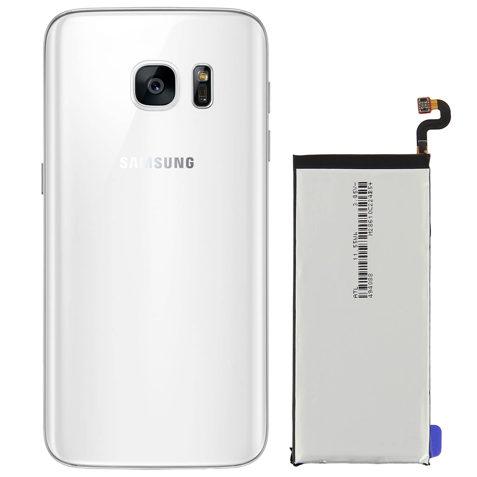 Un téléphone Samsung blanc et une batterie, côte à côte.