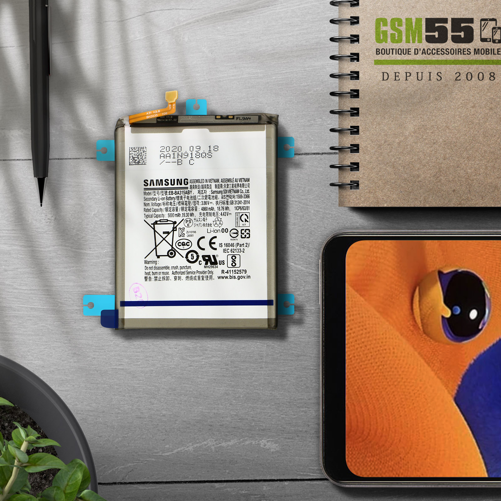 Batterie de téléphone et accessoires sur une surface en bois. Plante et carnet en arrière-plan.