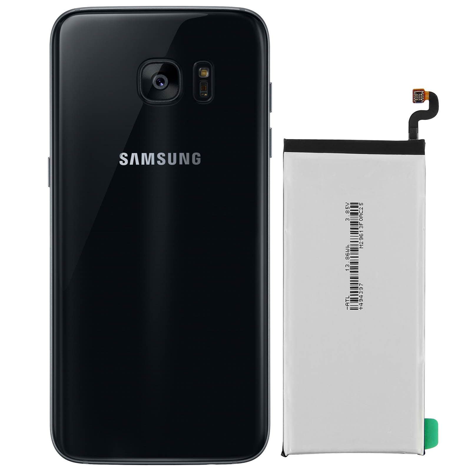 Un téléphone Samsung noir et une batterie séparée. Le dos du téléphone est visible.
