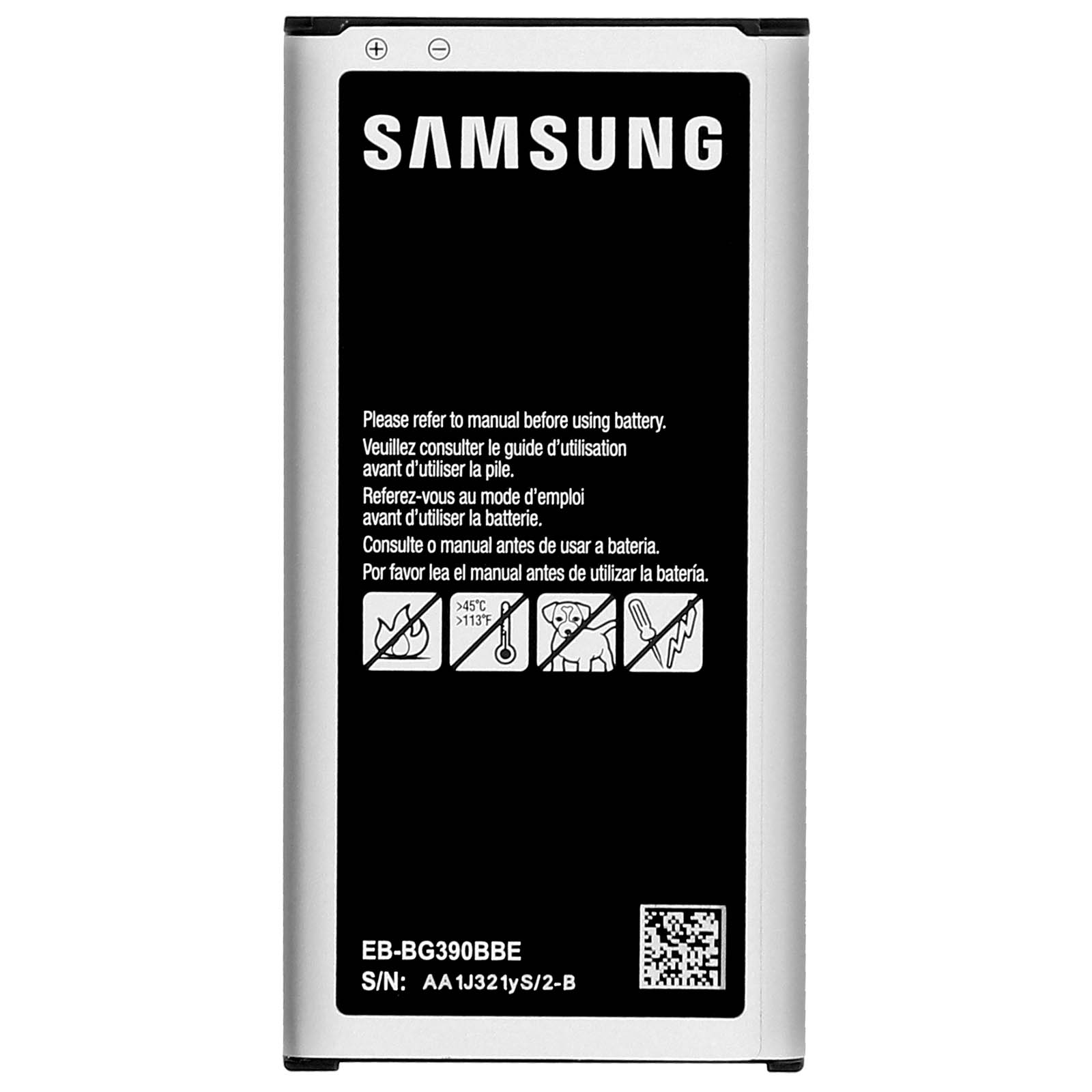 Una batteria del telefono nera con testo bianco e un logo Samsung. Lo sfondo è bianco.