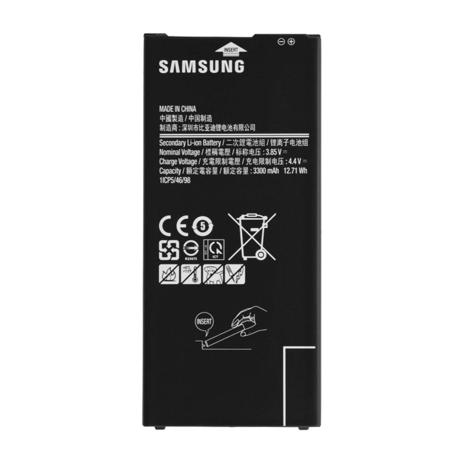 Ein Samsung-Batterieetikett mit Text in mehreren Sprachen und Recycling-Symbolen.