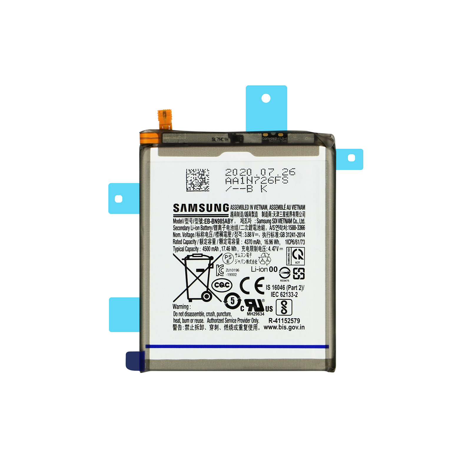 Una batteria rettangolare con testo e simboli. La batteria è bianca con dettagli blu e neri.