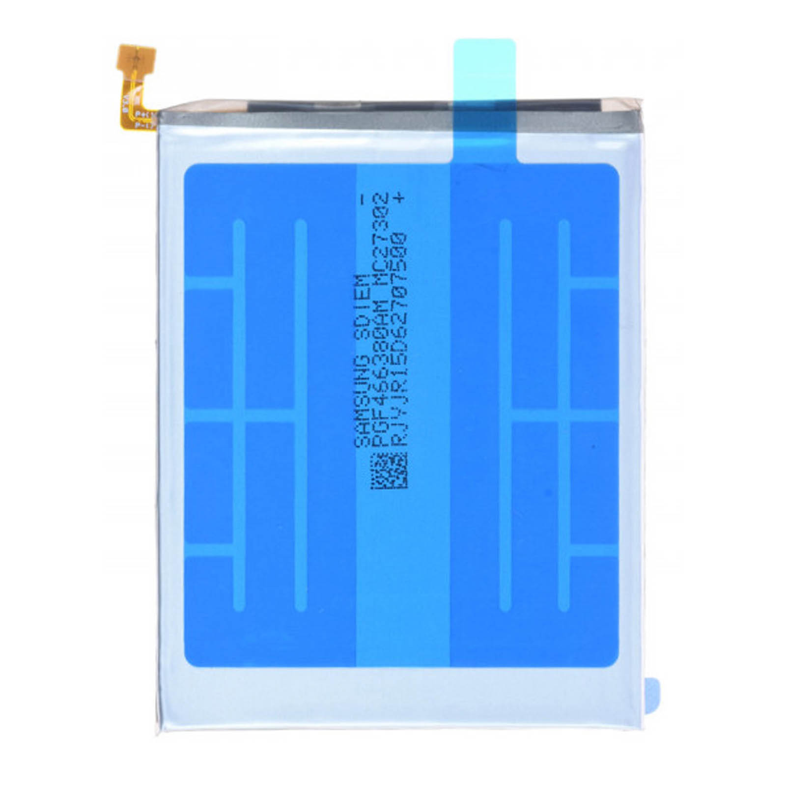 Une batterie de téléphone rectangulaire avec des sections bleues et blanches, et du texte noir.