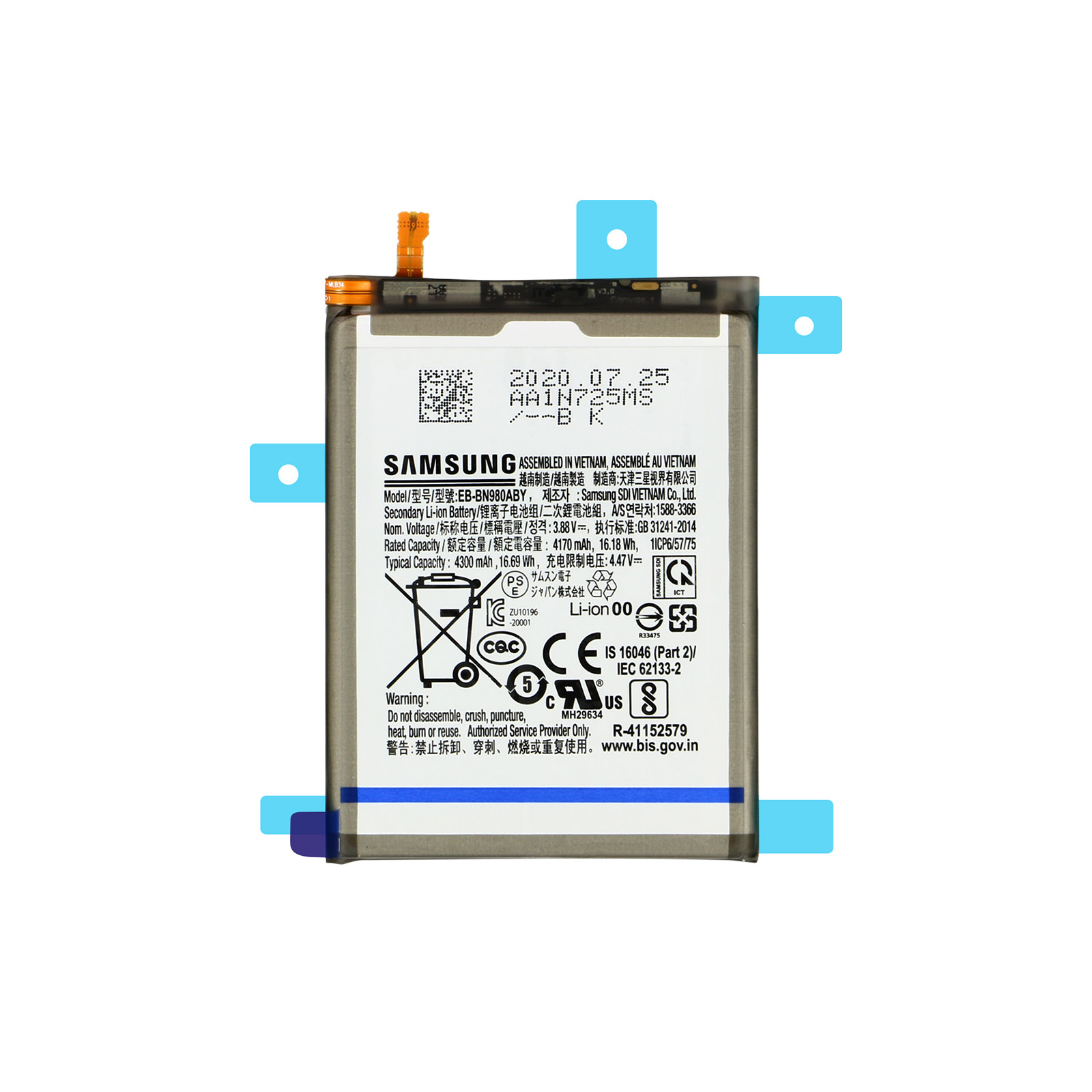 Une batterie rectangulaire avec une étiquette noire et blanche. Elle contient du texte et des symboles et un contour bleu.