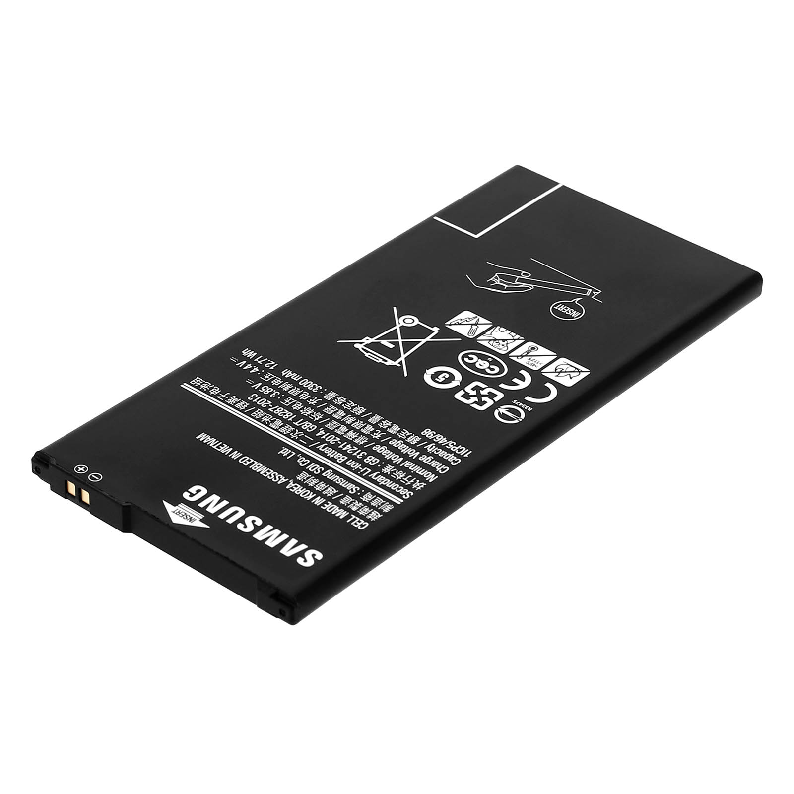 Ein schwarzer Samsung-Telefonakku mit Text und Symbolen auf weißem Hintergrund.