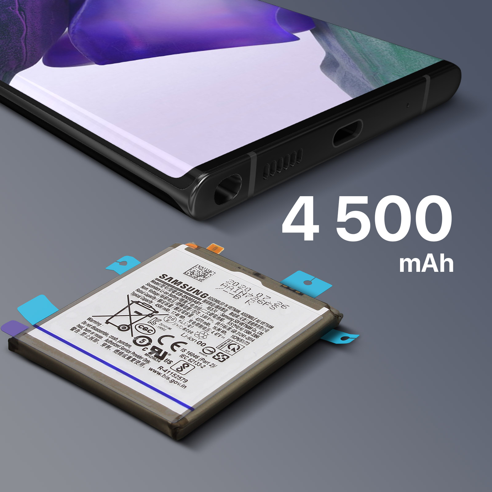 Un telefono e una batteria con un'etichetta da 4500 mAh. Il telefono è sullo sfondo, la batteria in primo piano.