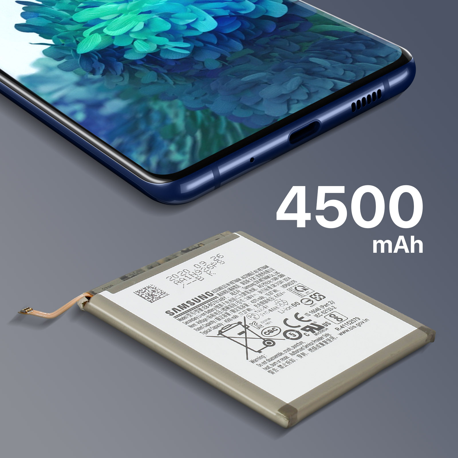 Ein Telefonakku und ein Telefon. Die Batterie hat die Nummer 4500 mAh.