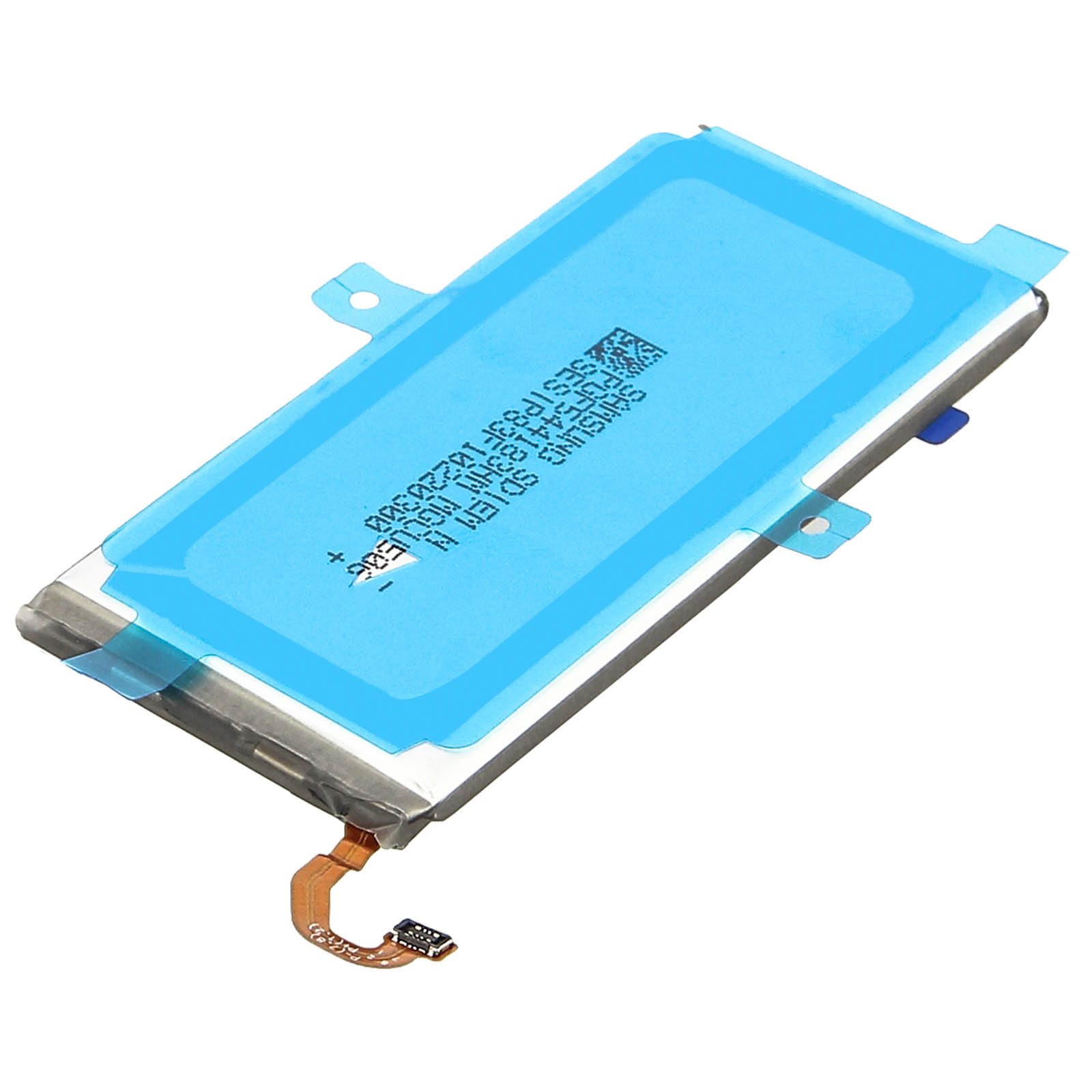 Viene mostrata una batteria del telefono. È blu e bianca, con testo.