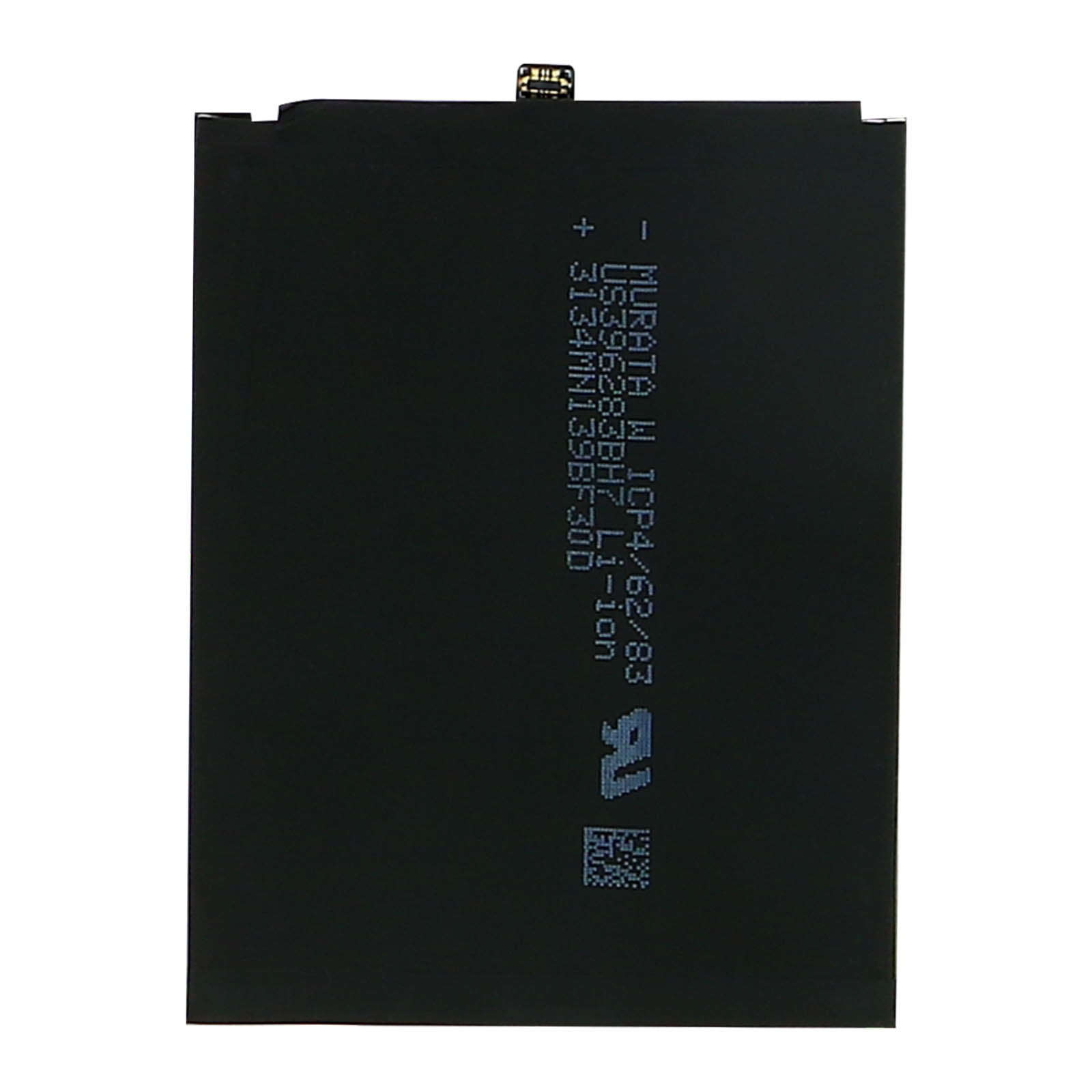 Ein rechteckiger Telefonakku. Schwarz mit weißem Text. Die Oberseite hat Plus- und Minuszeichen.