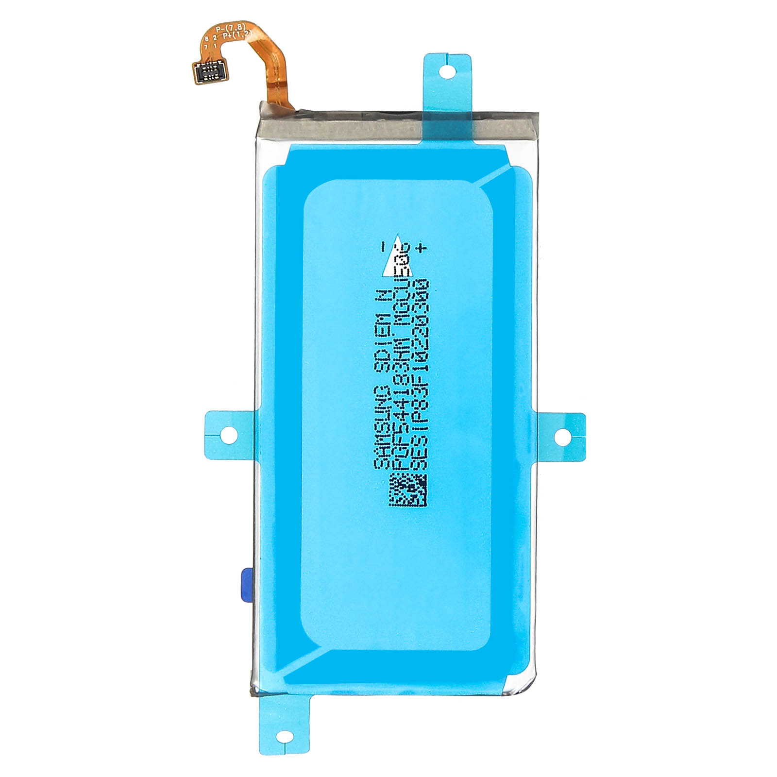 Batteria rettangolare blu e bianca per telefono con testo.