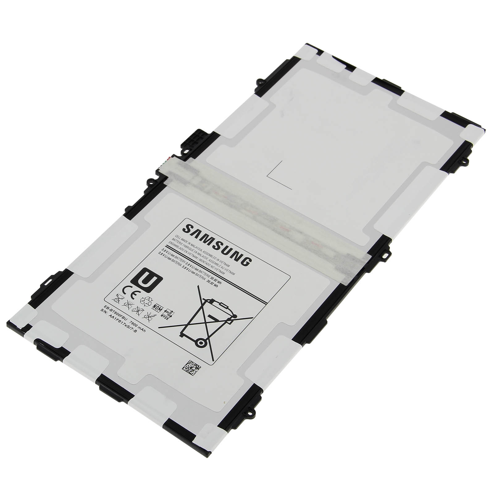 Ein weißer Samsung Tablet-Akku. Der Akku hat Text und Warnsymbole. Schwarze Ränder sind ebenfalls sichtbar.